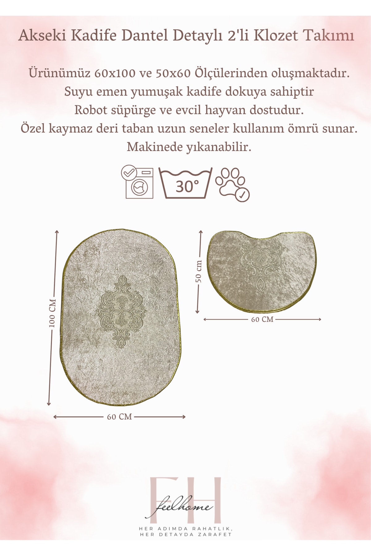 Akseki Kaymaz Taban, Emici, Kadife 2'li Süper Lüks Oval Banyo Paspası Seti 
