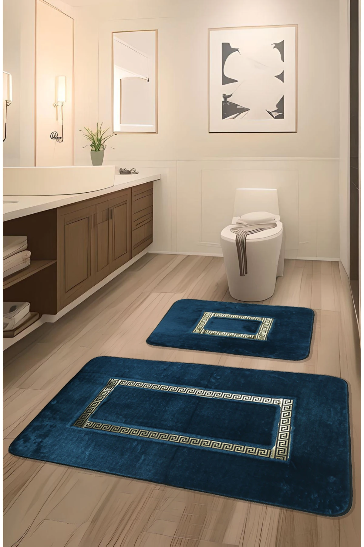 Meram Kaymaz Taban, Emici 2'li Ultra Lüks Deri Detaylı Banyo Paspası Seti 