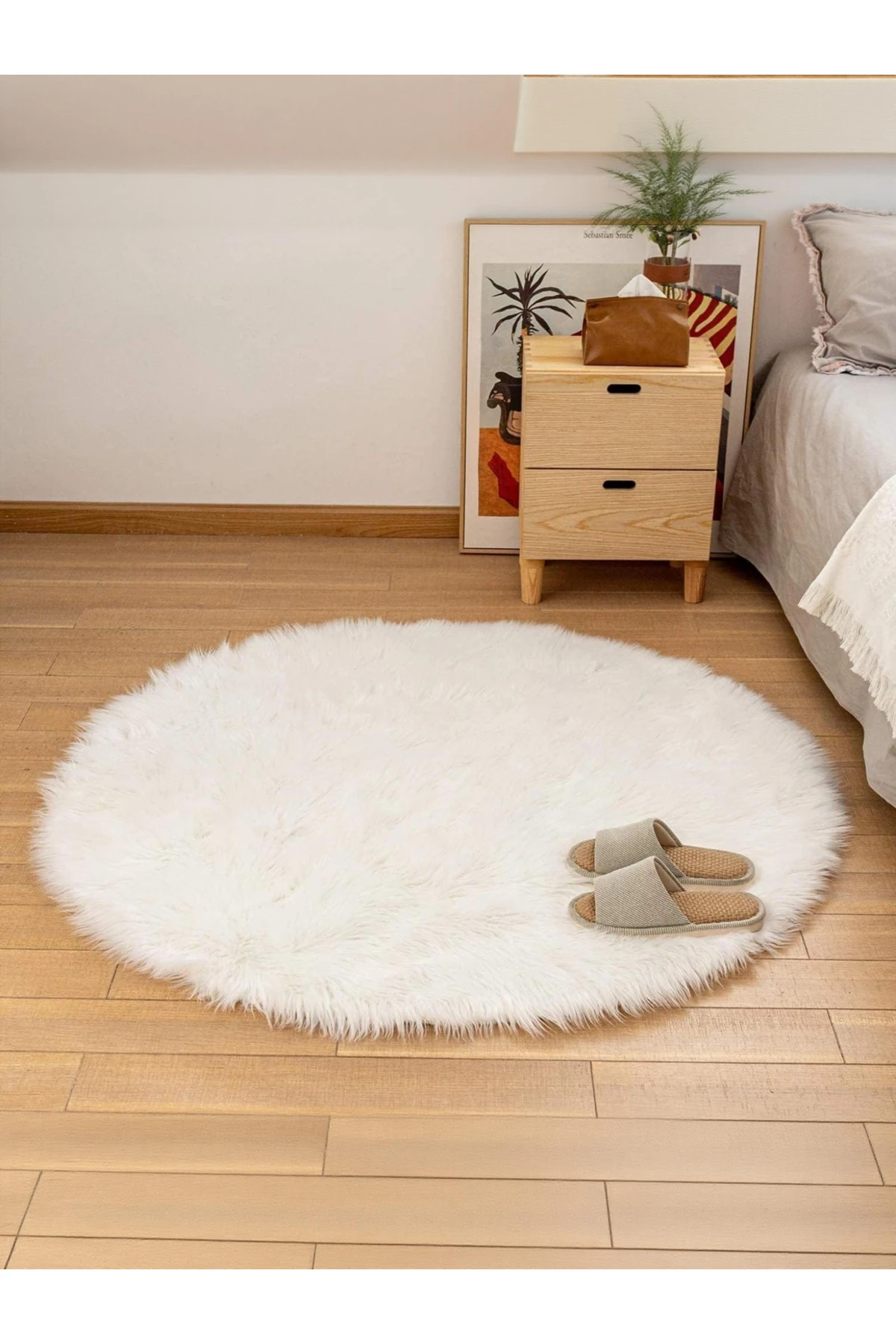 Puffy Yumuşacık Kuzu Post Yuvarlak Kaymaz Taban Kürk Halı Makinede Yıkanabilir