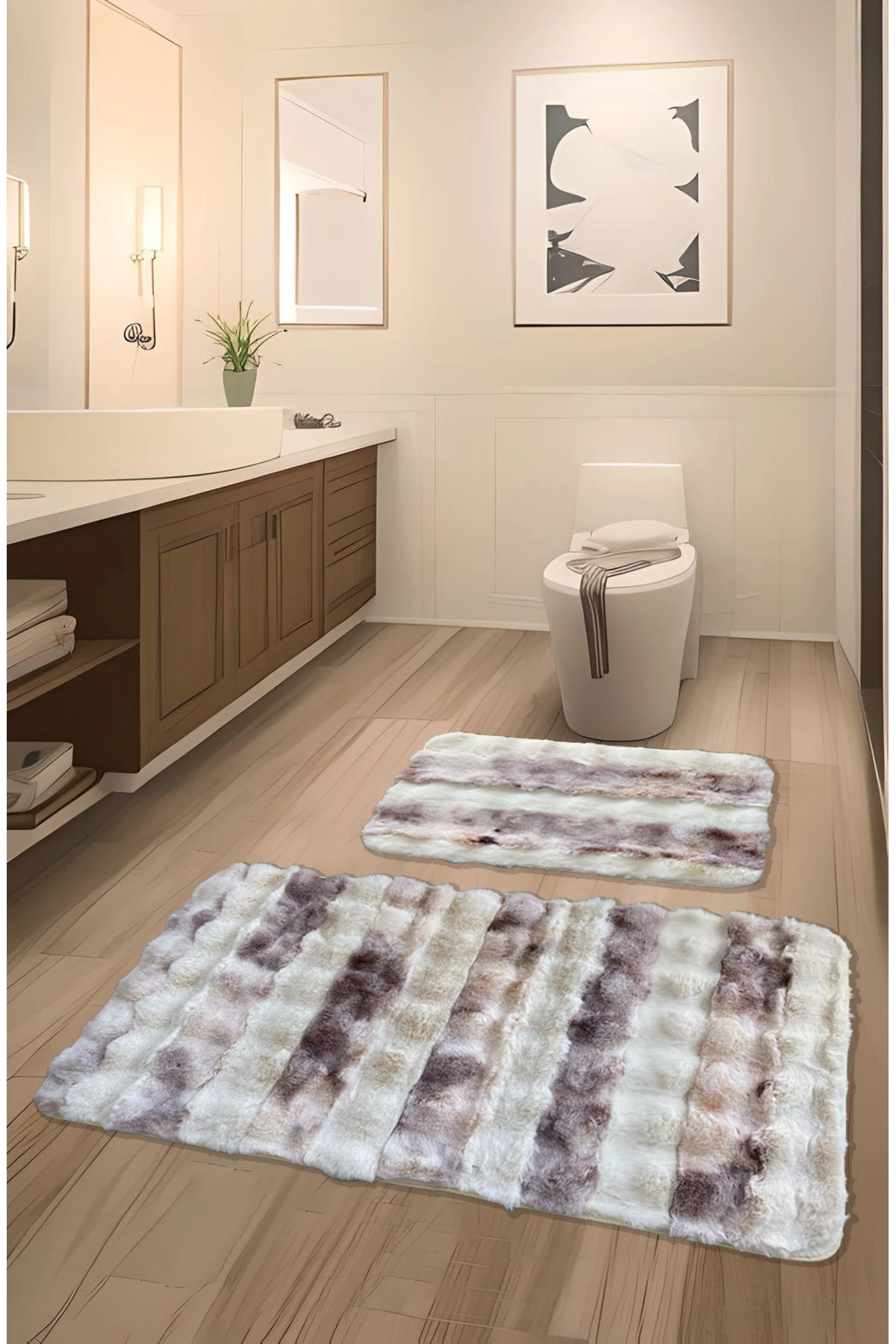 Serante Tavşan Tüyü, Kaymaz Taban, Pofuduk, Yumuşacık, Ultra Lüks, Yıkanabilir 2'li Banyo Paspası - eskitme pembe