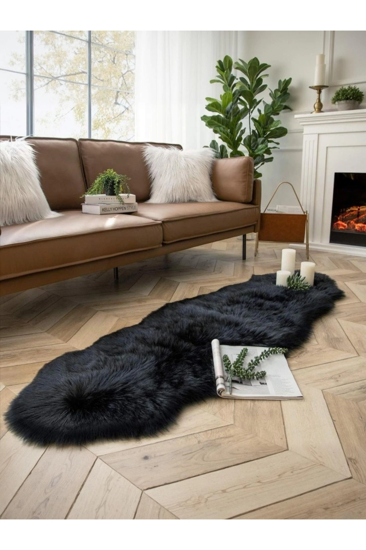 Puffin Yumuşacık Kuzu Çift Kafa Post Kaymaz Taban Kürk Halı Makinede Yıkanabilir - siyah