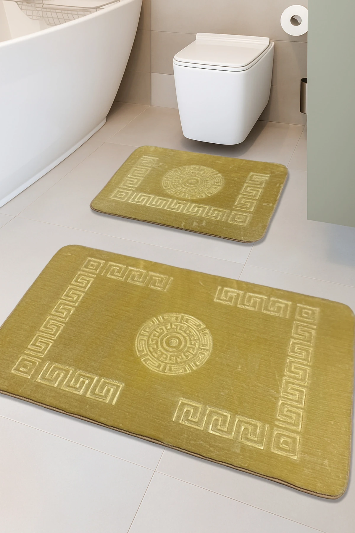 Simav Deluxe Kaymaz Taban, Yumuşacık, Emici 2'li Lüks Baskılı Banyo Paspası  - gold