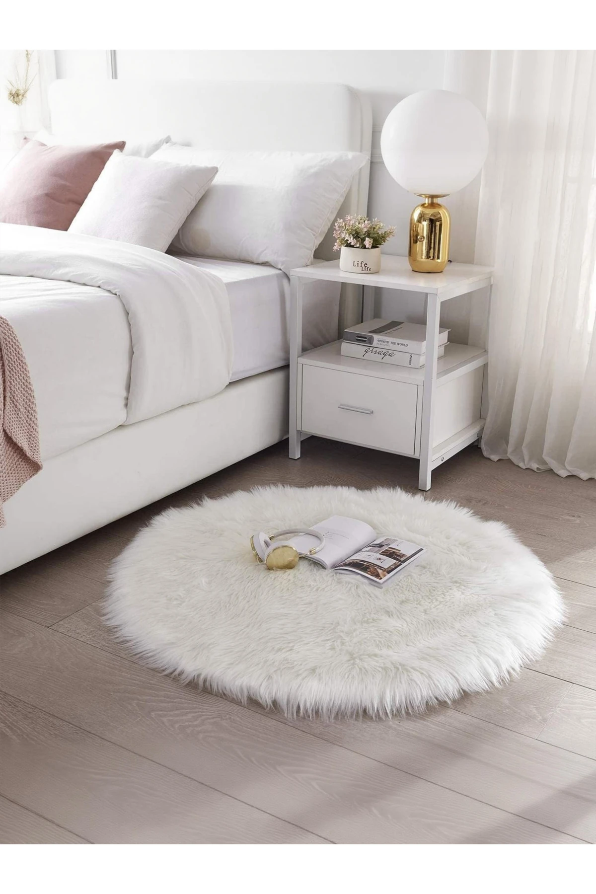 Puffy Yumuşacık Kuzu Post Yuvarlak Kaymaz Taban Kürk Halı Makinede Yıkanabilir