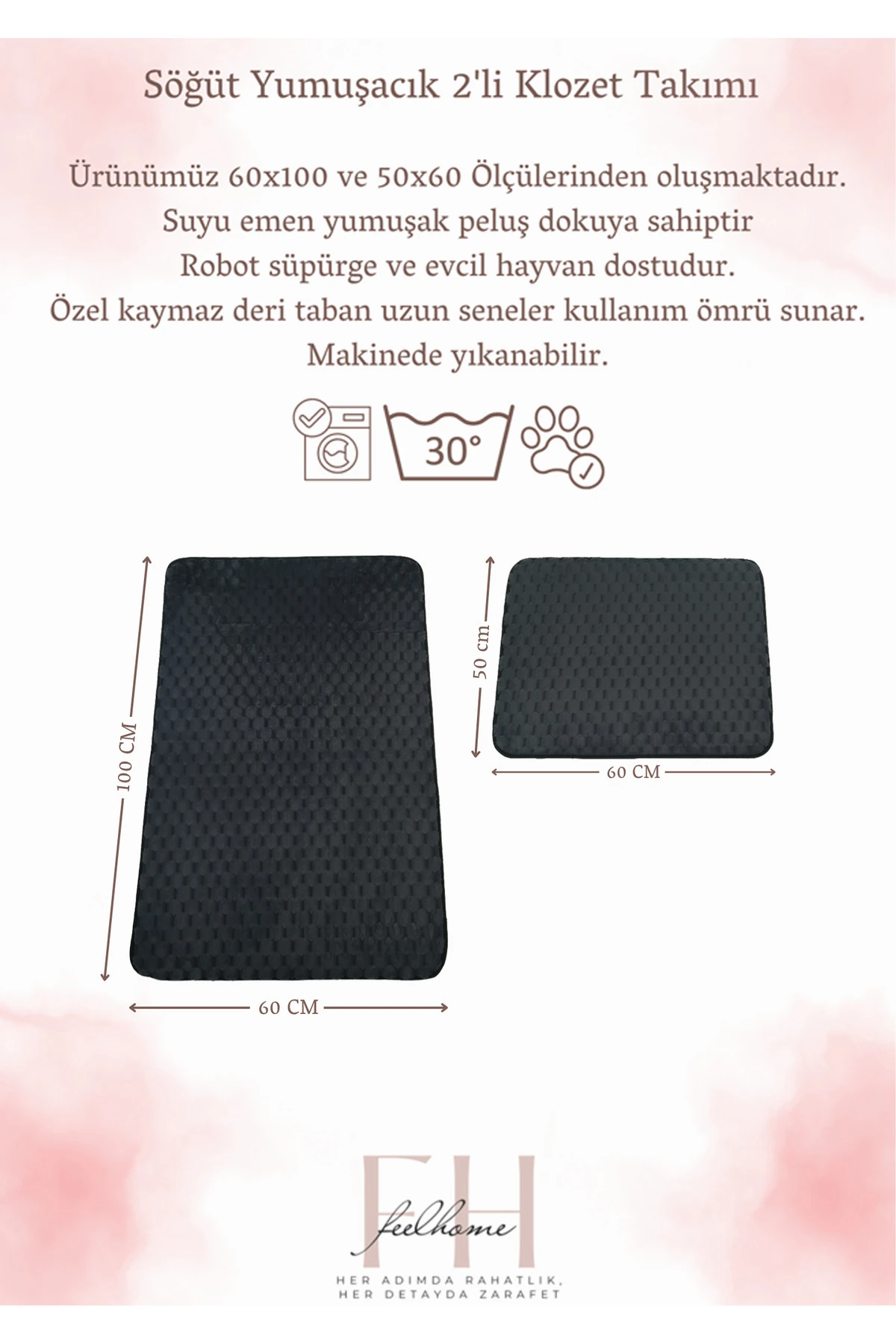 Söğüt Kaymaz Taban, Yumuşacık, Süper Emici 2'li Banyo Paspası Seti 