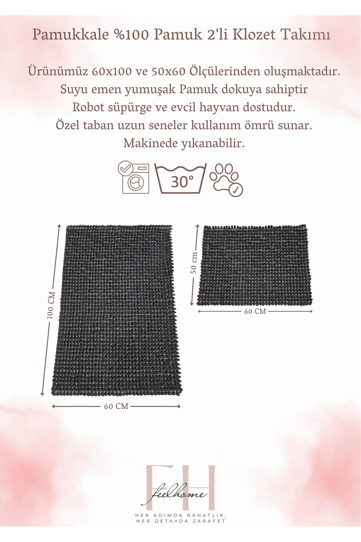 Pamukkale Yumuşacık, Süper Emici 2'li %100 Pamuk Ultra Lüks Banyo Paspası Seti 