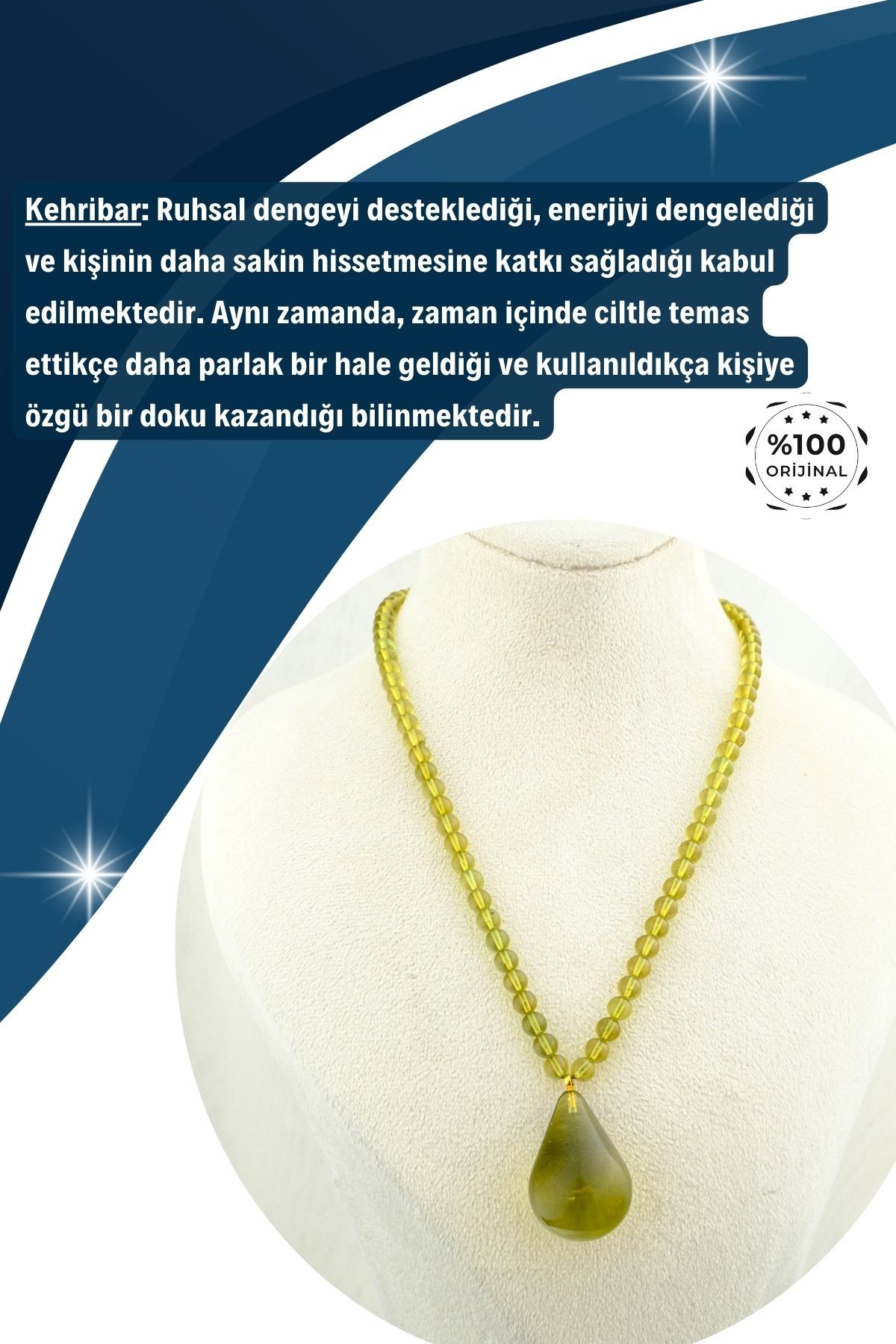 Kehribar Kolye Damla ve Küre Kesim %100 Garantili