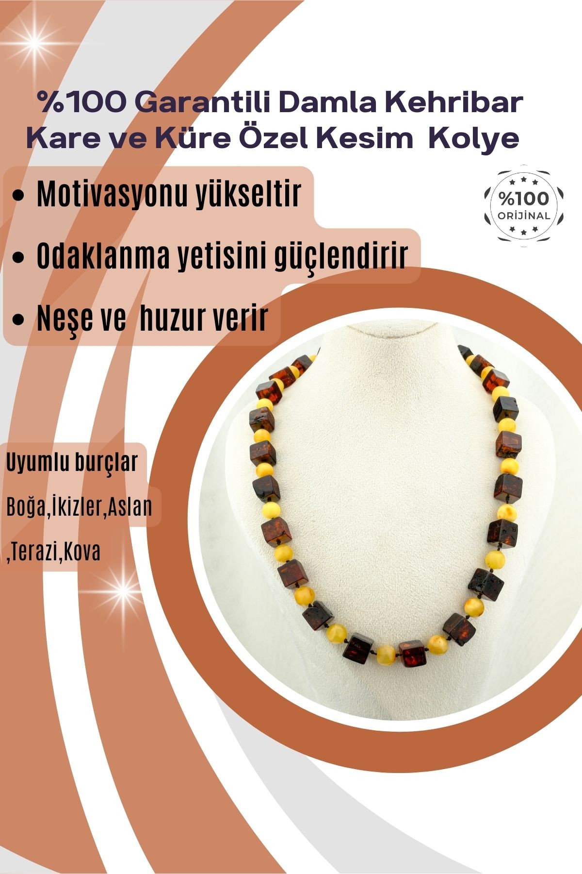 Damla Kehribar Kolye %100 Garantili Kare ve Küre Ozel Kesim