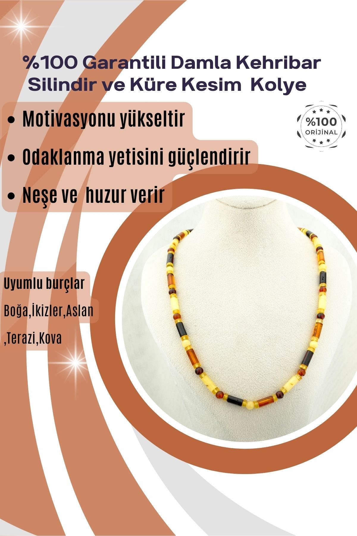 Damla Kehribar Kolye %100 Garantili Silindir ve Küre Kesim
