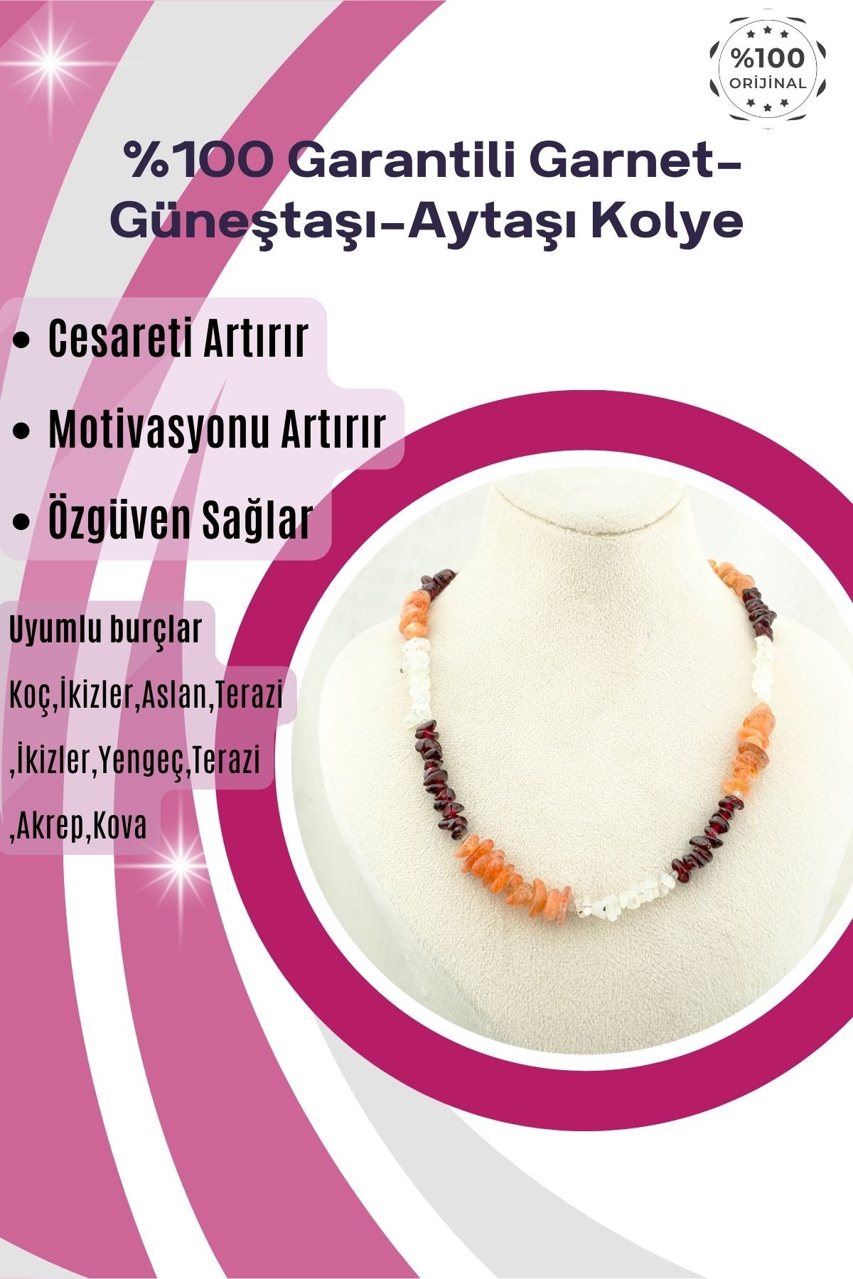 Garnet,Güneştaşı,Aytaşı Kolye %100 Garantili DoğalTaş