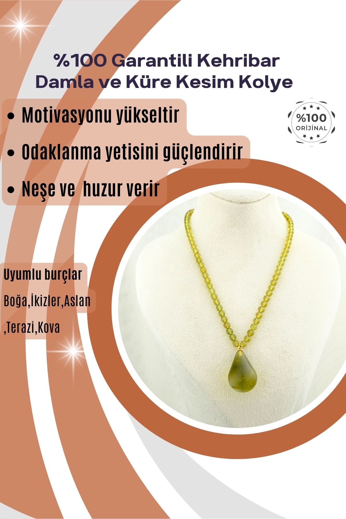 Kehribar Kolye Damla ve Küre Kesim %100 Garantili