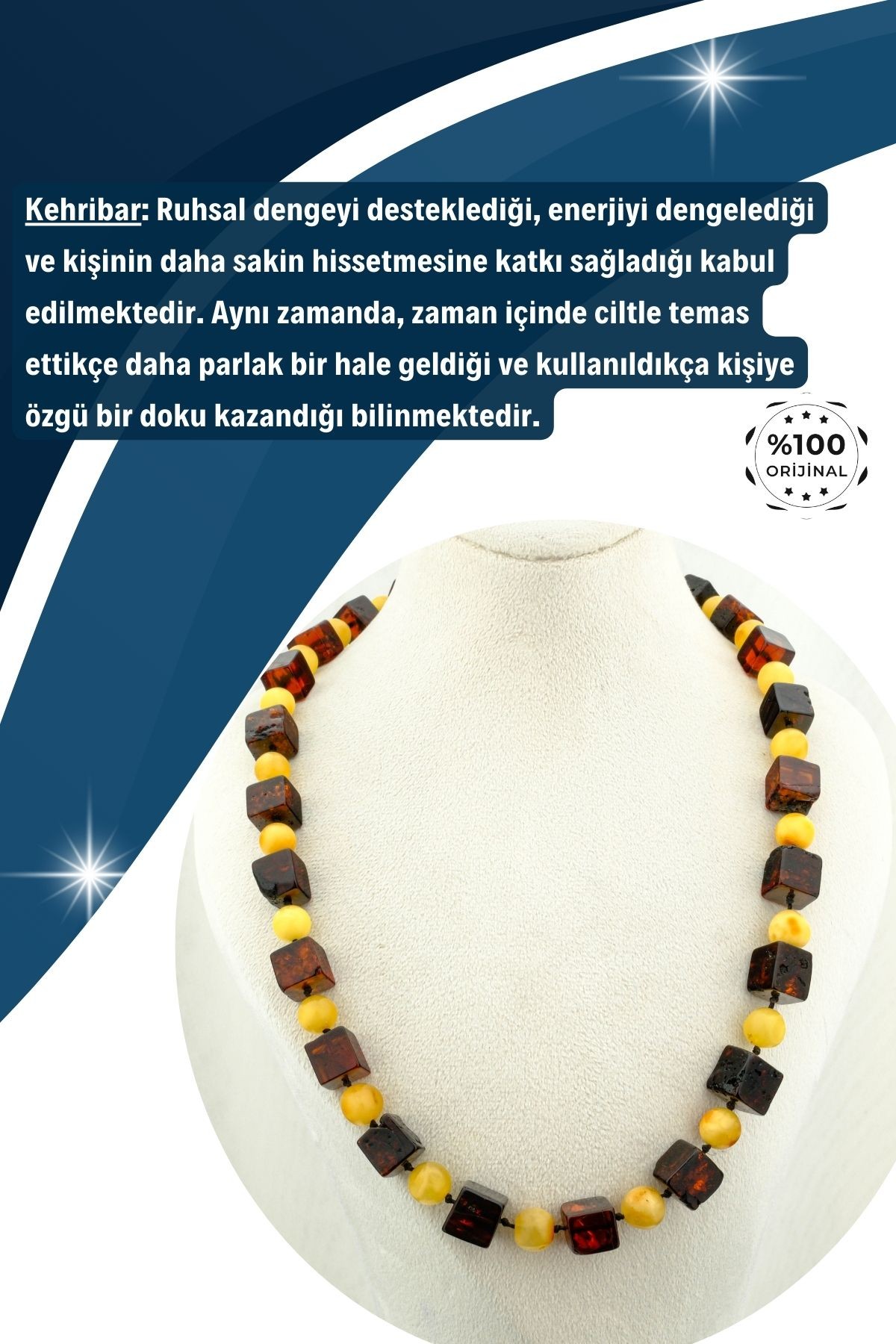 Damla Kehribar Kolye %100 Garantili Kare ve Küre Ozel Kesim