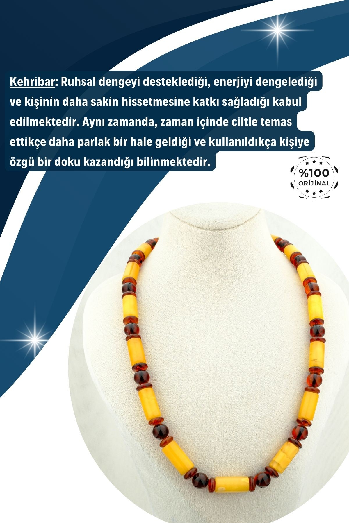 Damla Kehribar Kolye %100 Garantili Silindir ve Küre Kesim
