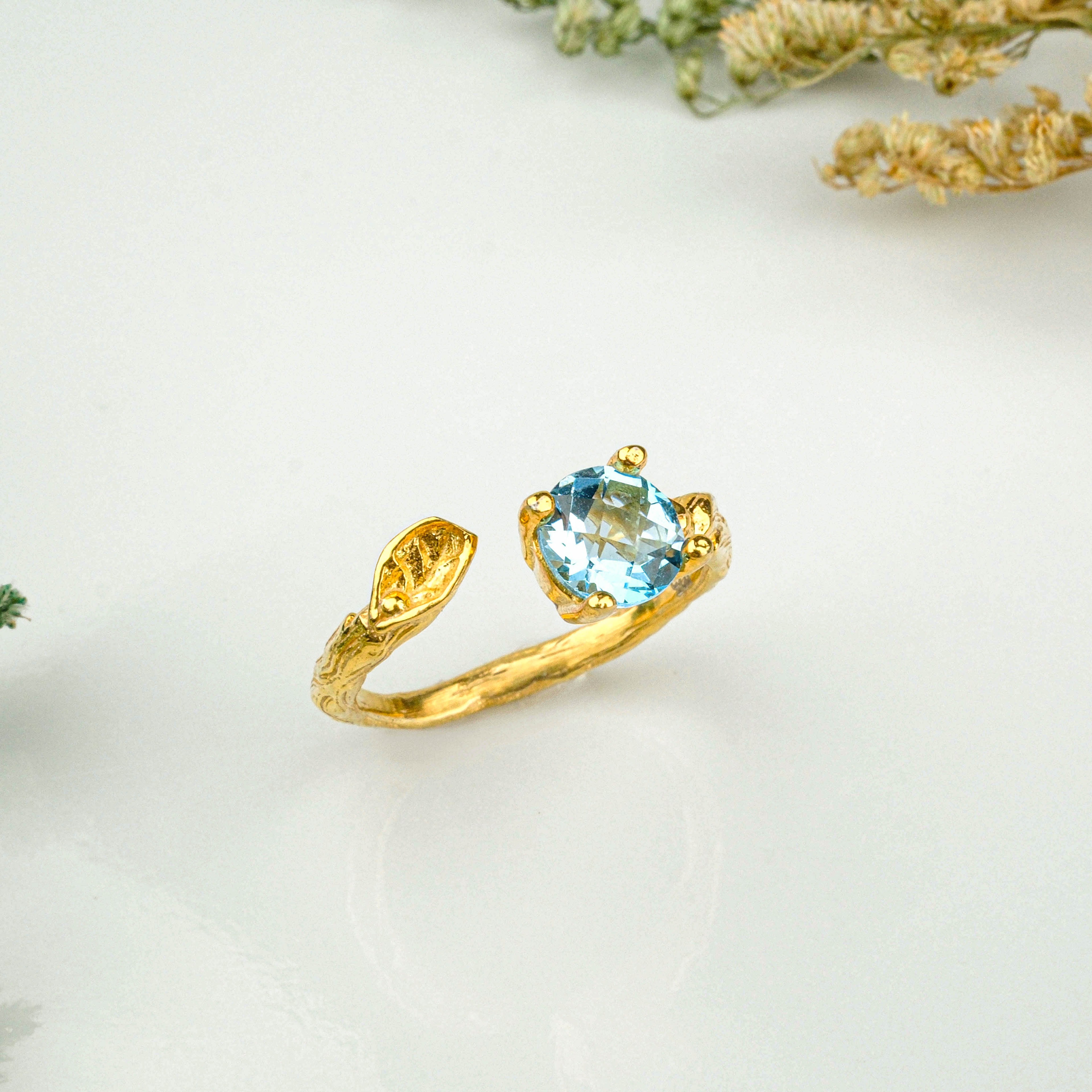 Topaz Yüzük Garantili DoğalTaş 925Ayar Gümüş Üzeri Altın Kaplama -Ayarlanabilir ölçü