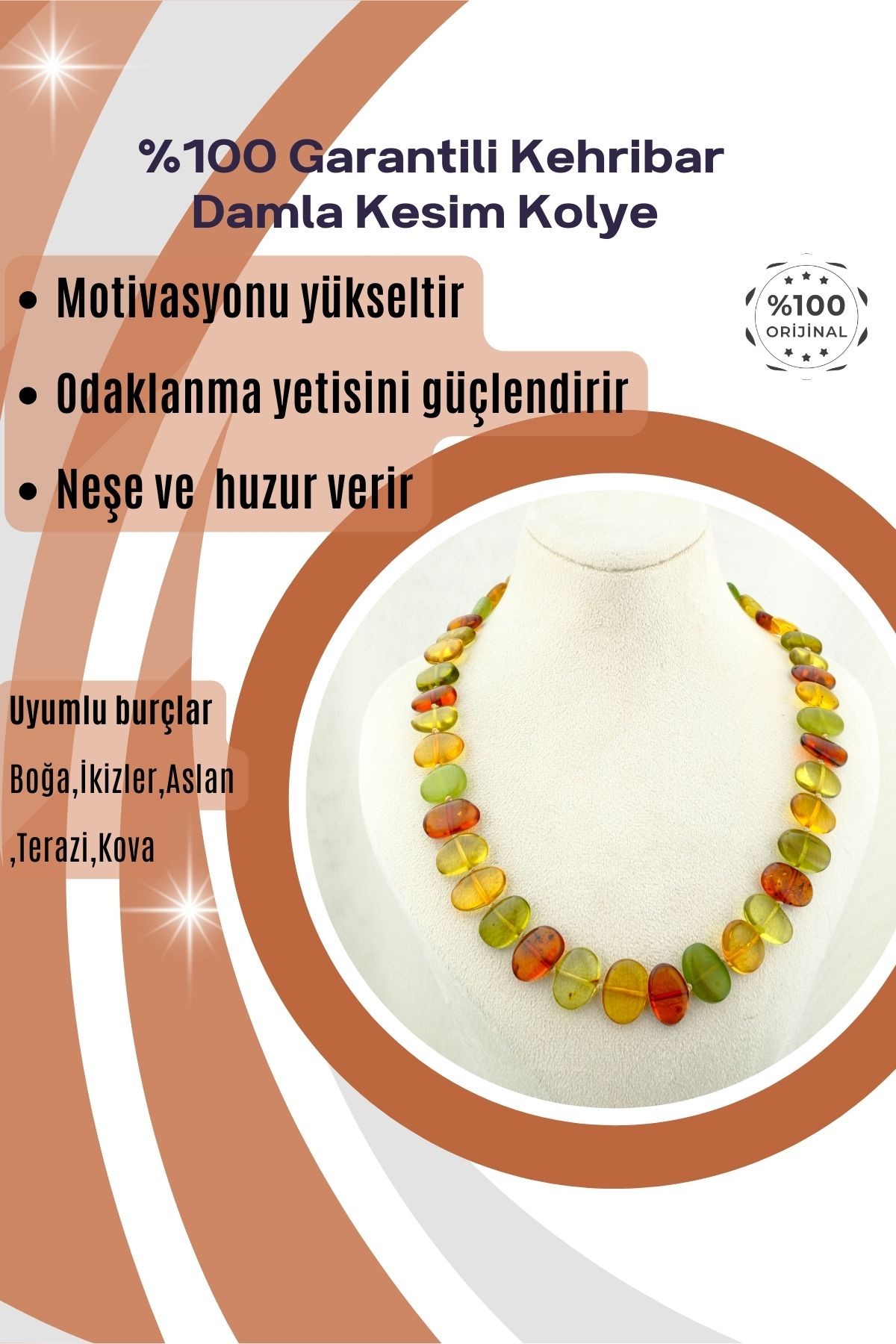 Kehribar Kolye Damla Kesim %100 Garantili DoğalTaş