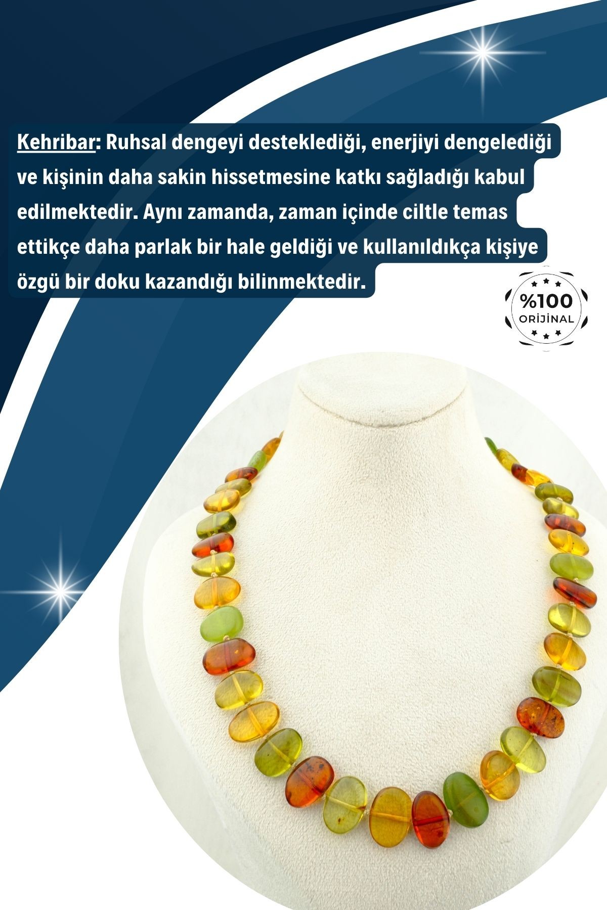 Kehribar Kolye Damla Kesim %100 Garantili DoğalTaş