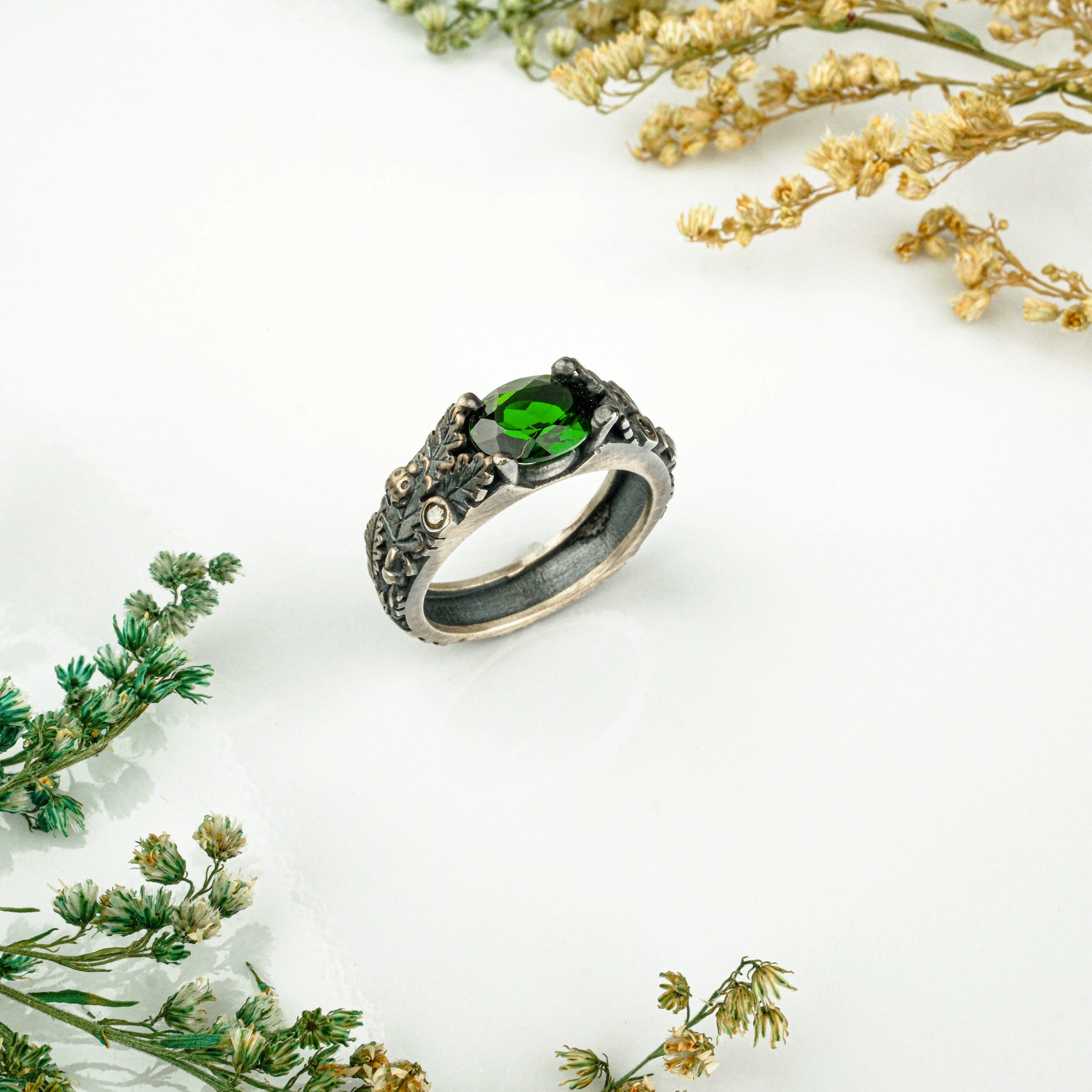 Yeşil Turmalin Özel 3D Tasarım Kadın Yüzük Garantili DoğalTaş 925Ayar Gümüş