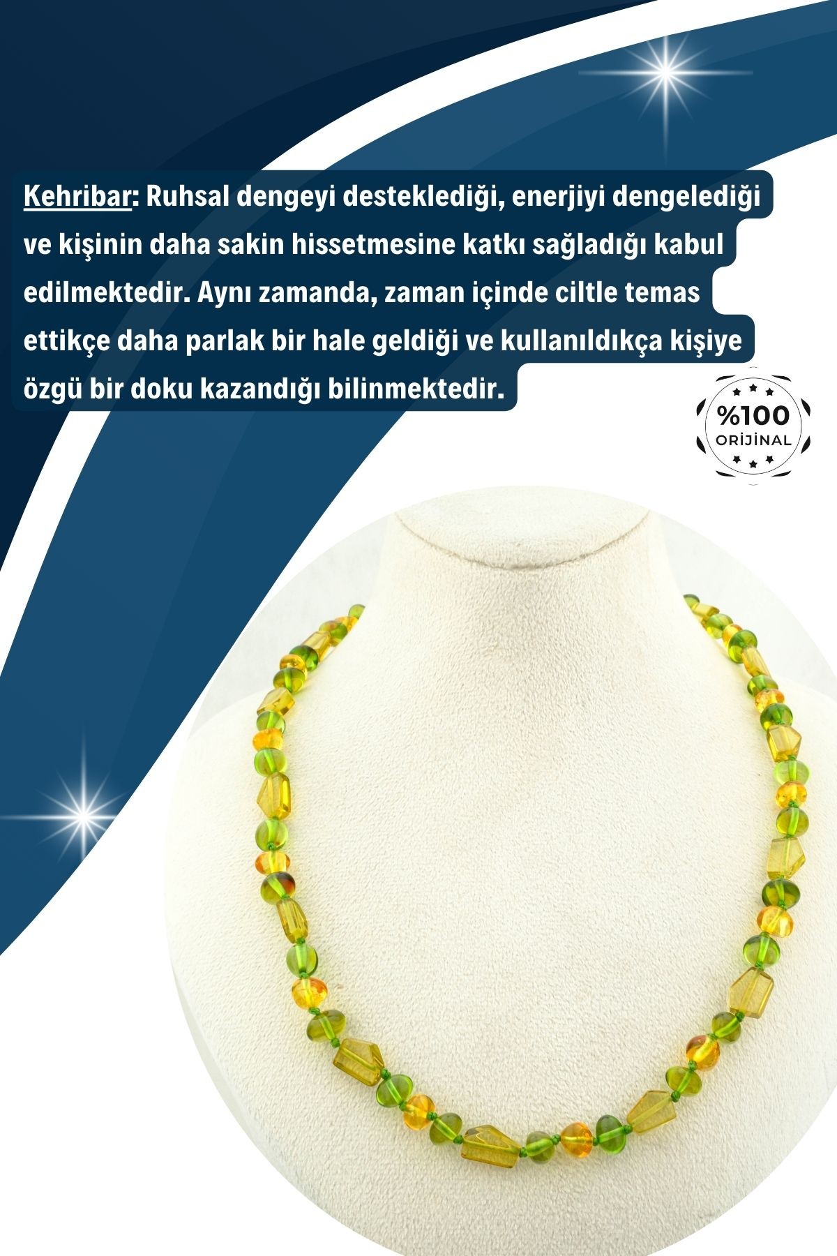 Kehribar Kolye Amorf Kesim %100 Garantili DoğalTaş