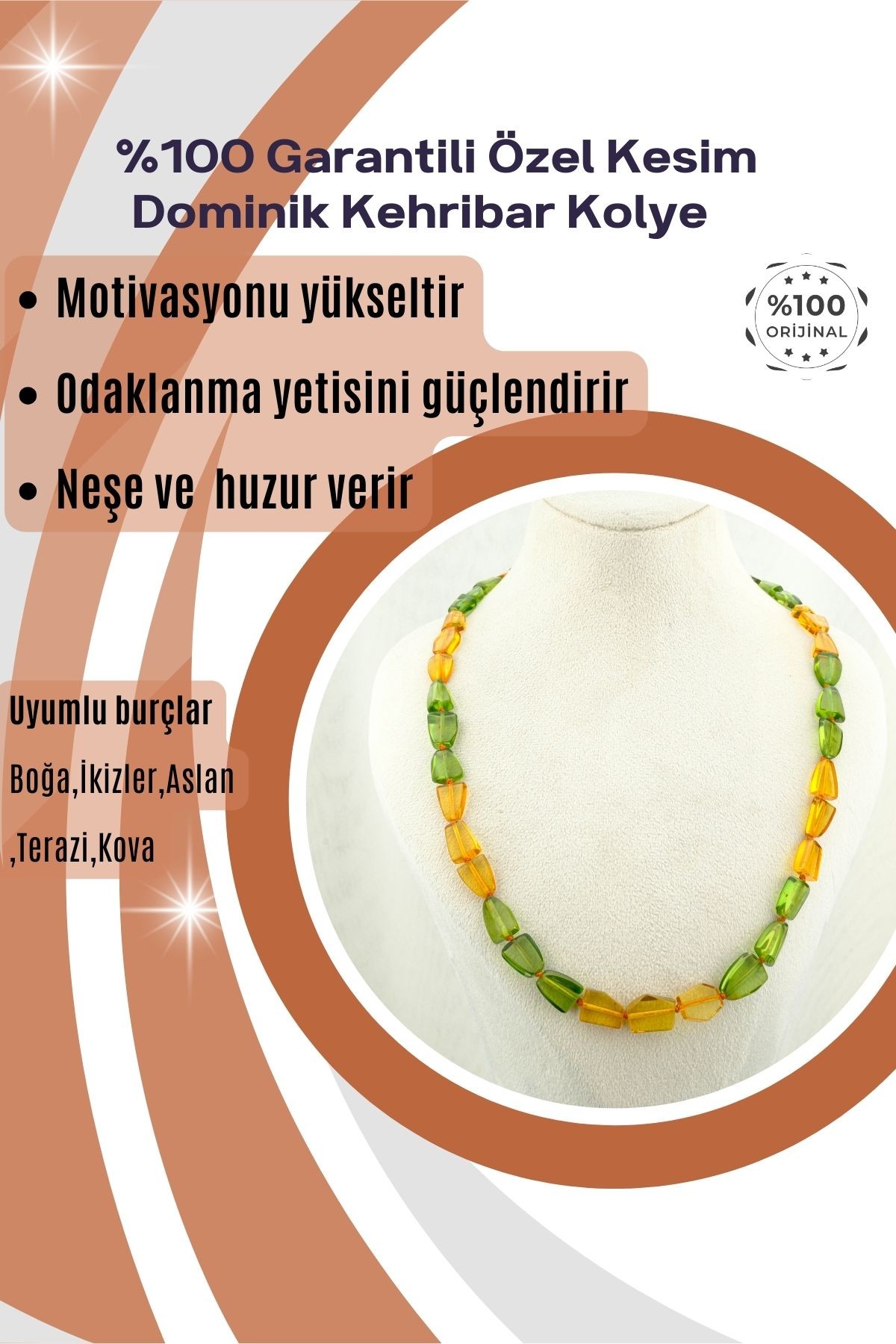 Kehribar Kolye Özel Kesim Dominik Kehribar %100 Garantili