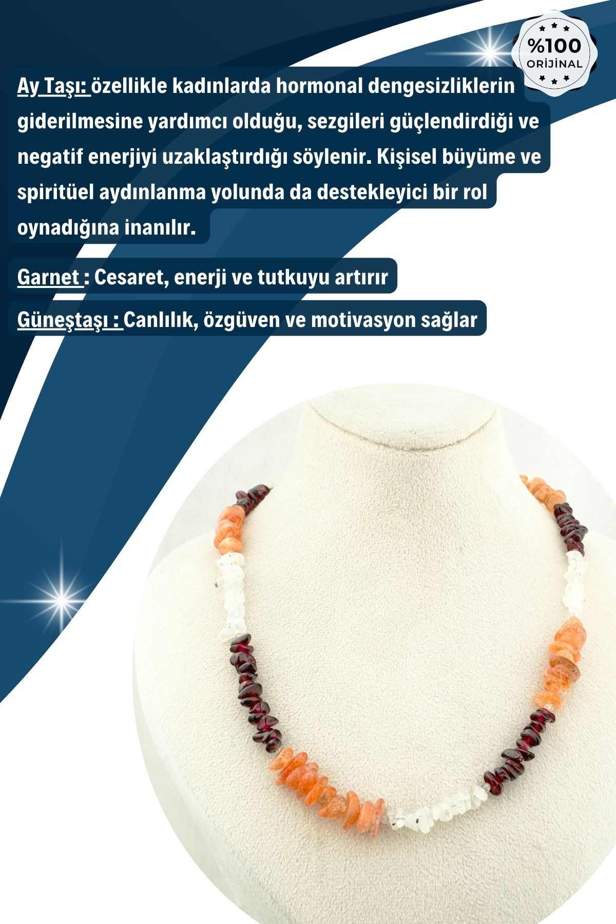 Garnet,Güneştaşı,Aytaşı Kolye %100 Garantili DoğalTaş