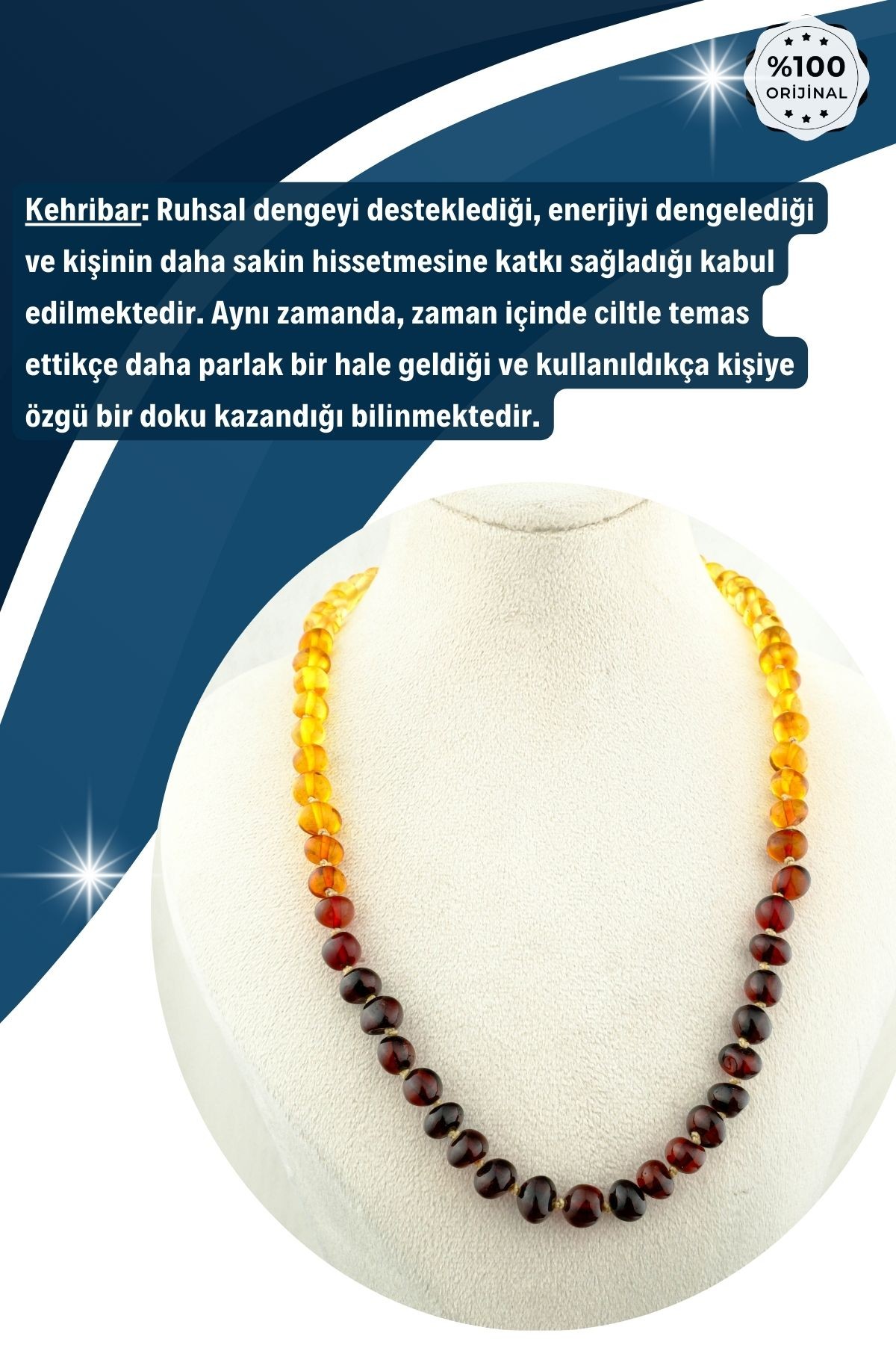 Damla Kehribar Kolye %100 Garantili Amorf Kesim Renk Geçişli -45 cm