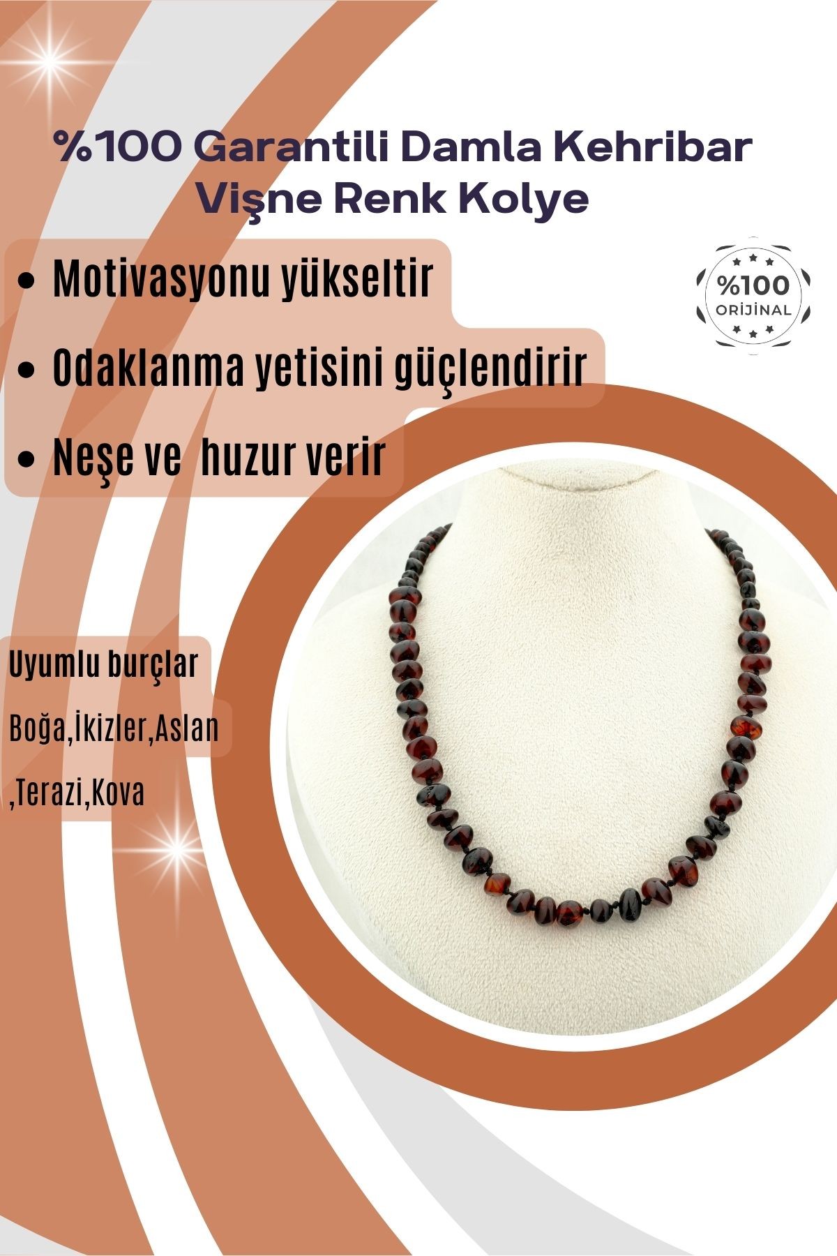 Damla Kehribar Kolye %100 Garantili Vişne Renk