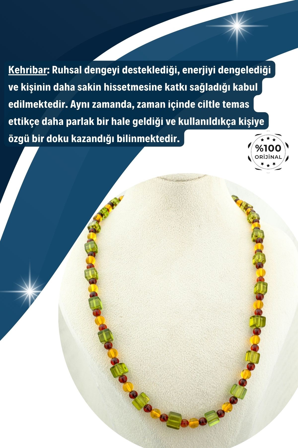 Kehribar Kolye Küp ve Küre Kesim %100 Garantili