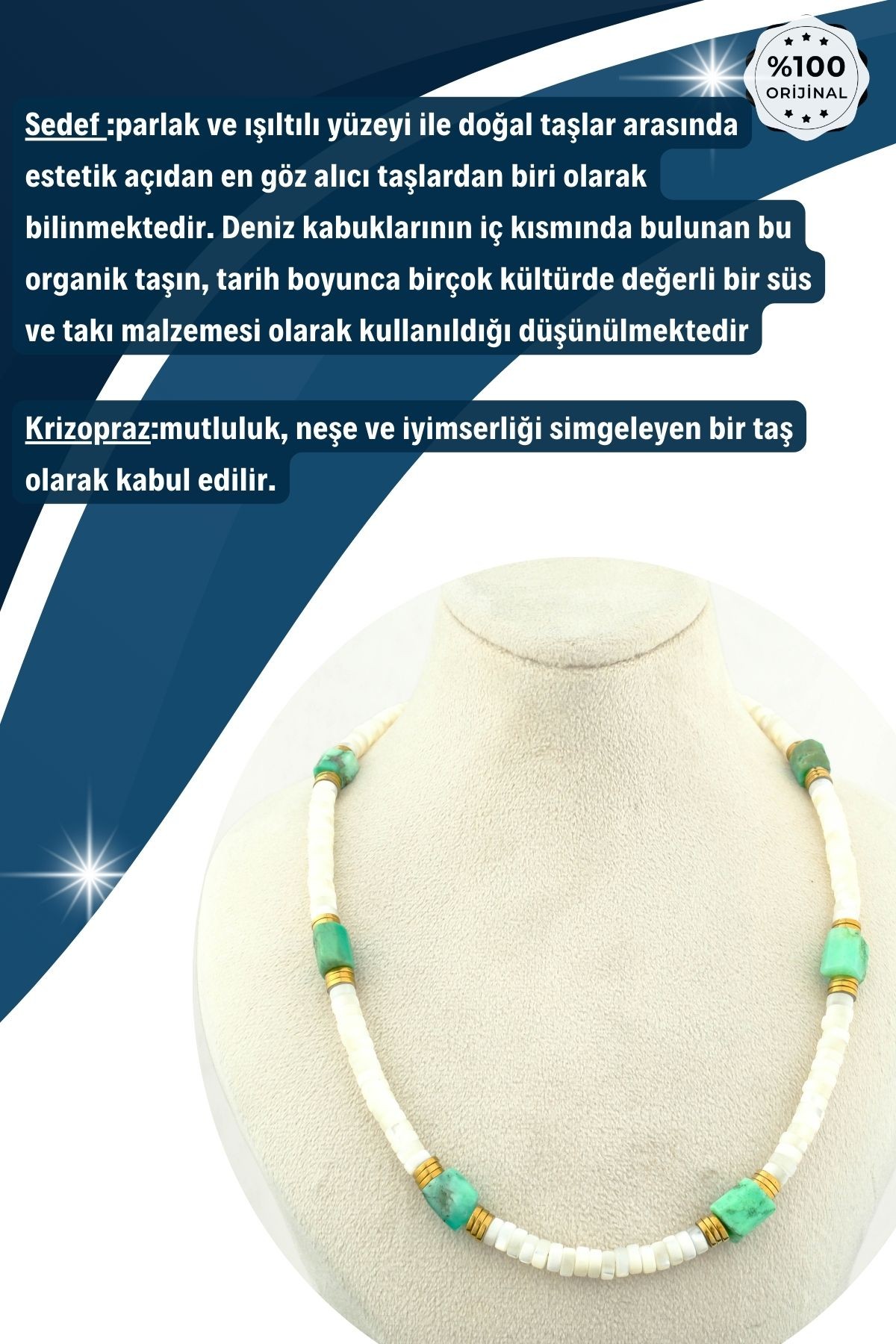 DoğalTaş Kolye %100 Garantili Sedef-Krizopraz Özel Tasarım Çelik Aparatlı -45 cm