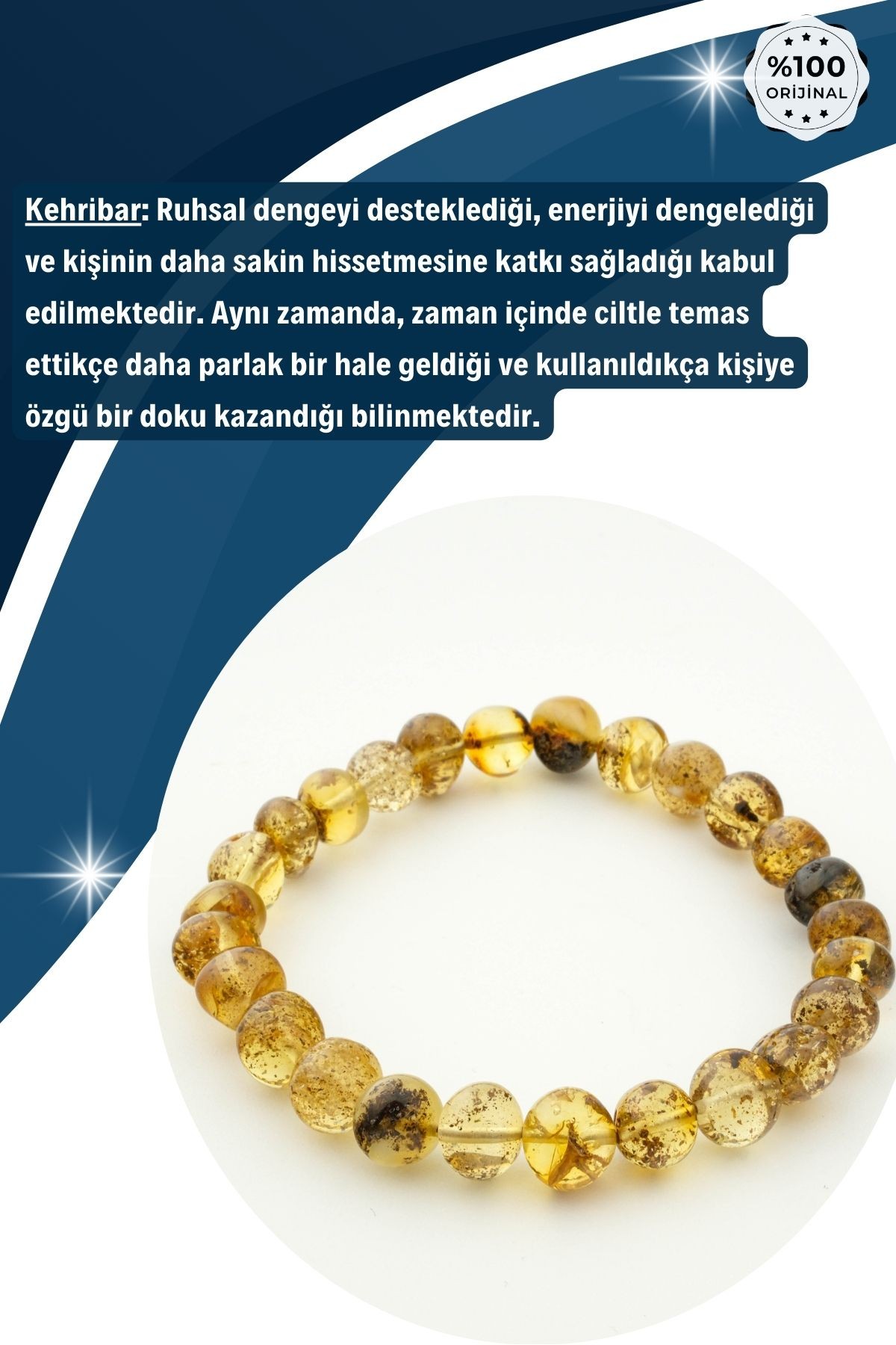 Fosilli Kehribar Bileklik DoğalTaş %100 Garantili