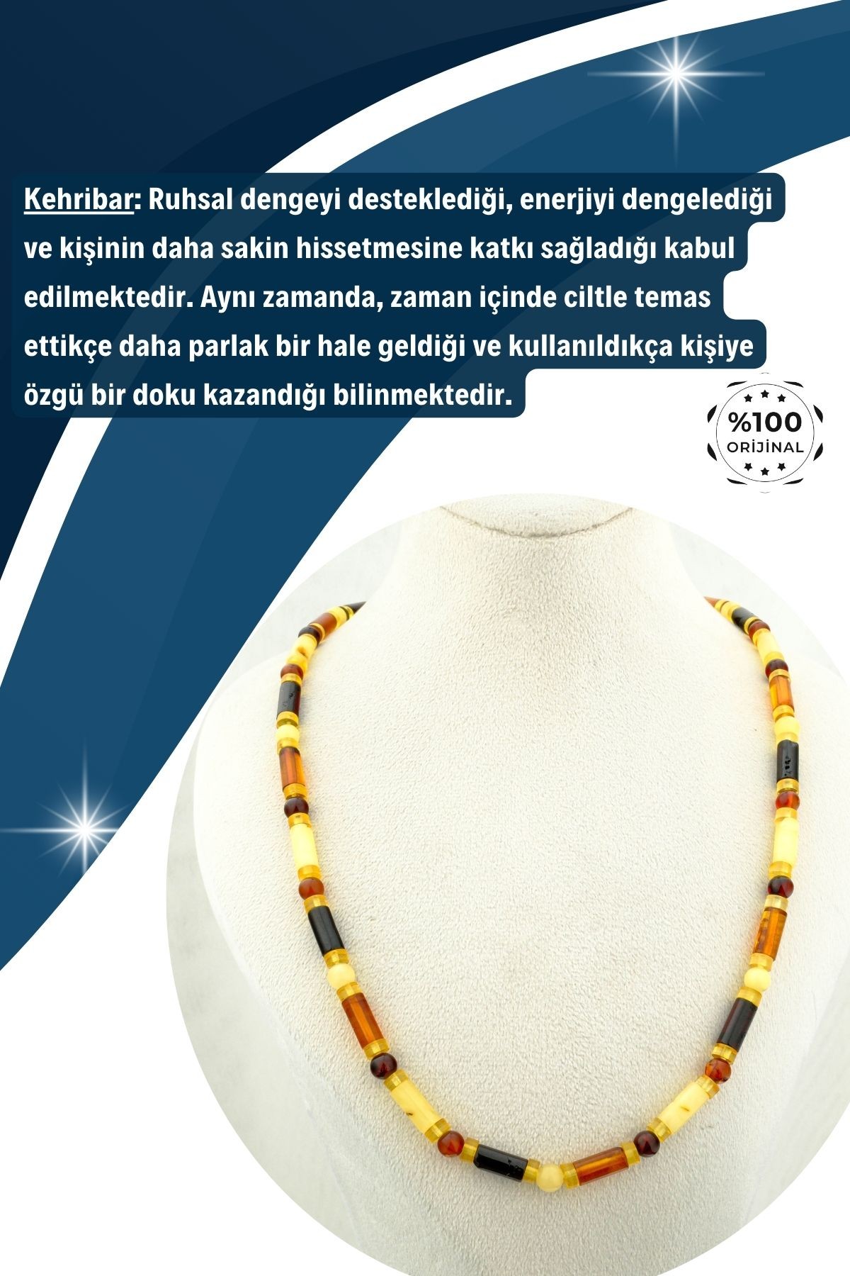 Damla Kehribar Kolye %100 Garantili Silindir ve Küre Kesim