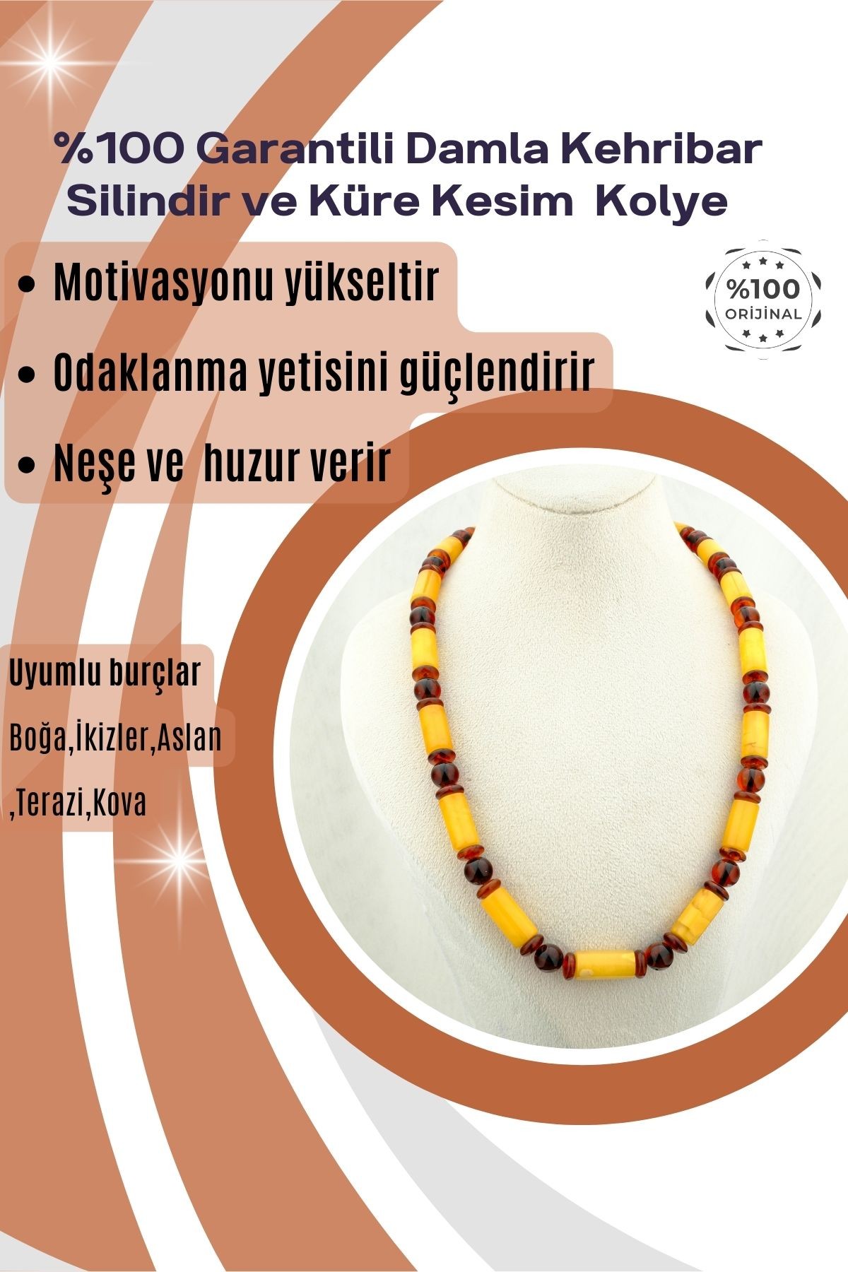 Damla Kehribar Kolye %100 Garantili Silindir ve Küre Kesim