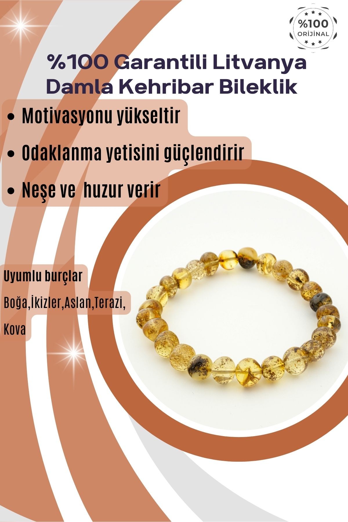 Fosilli Kehribar Bileklik DoğalTaş %100 Garantili