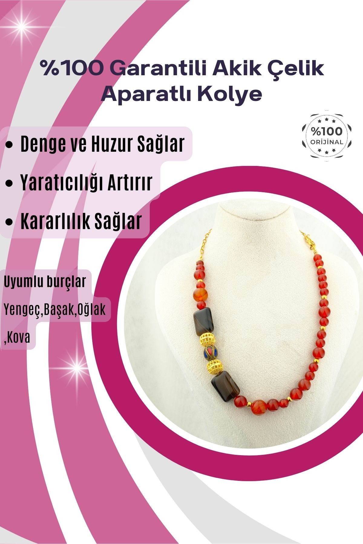 Akik Çelik Aparatlı Küre ve Dikdörtgen Kesim Kolye %100 Garantili DoğalTaş