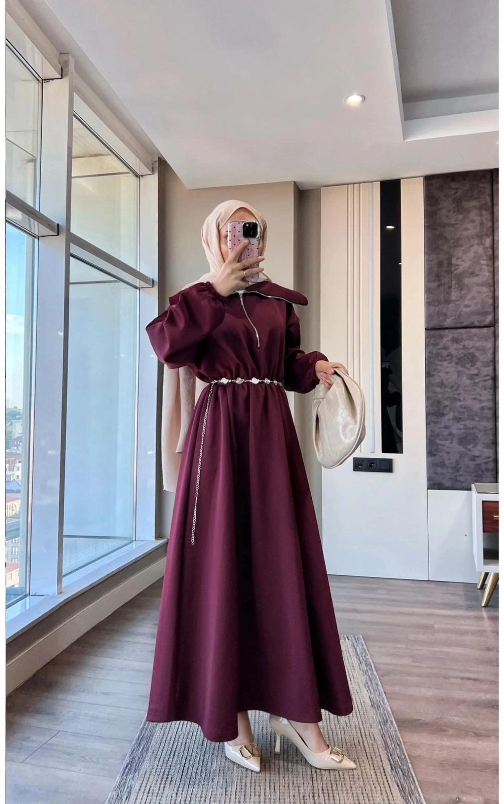 Fermuarlı Elbise Bordo 