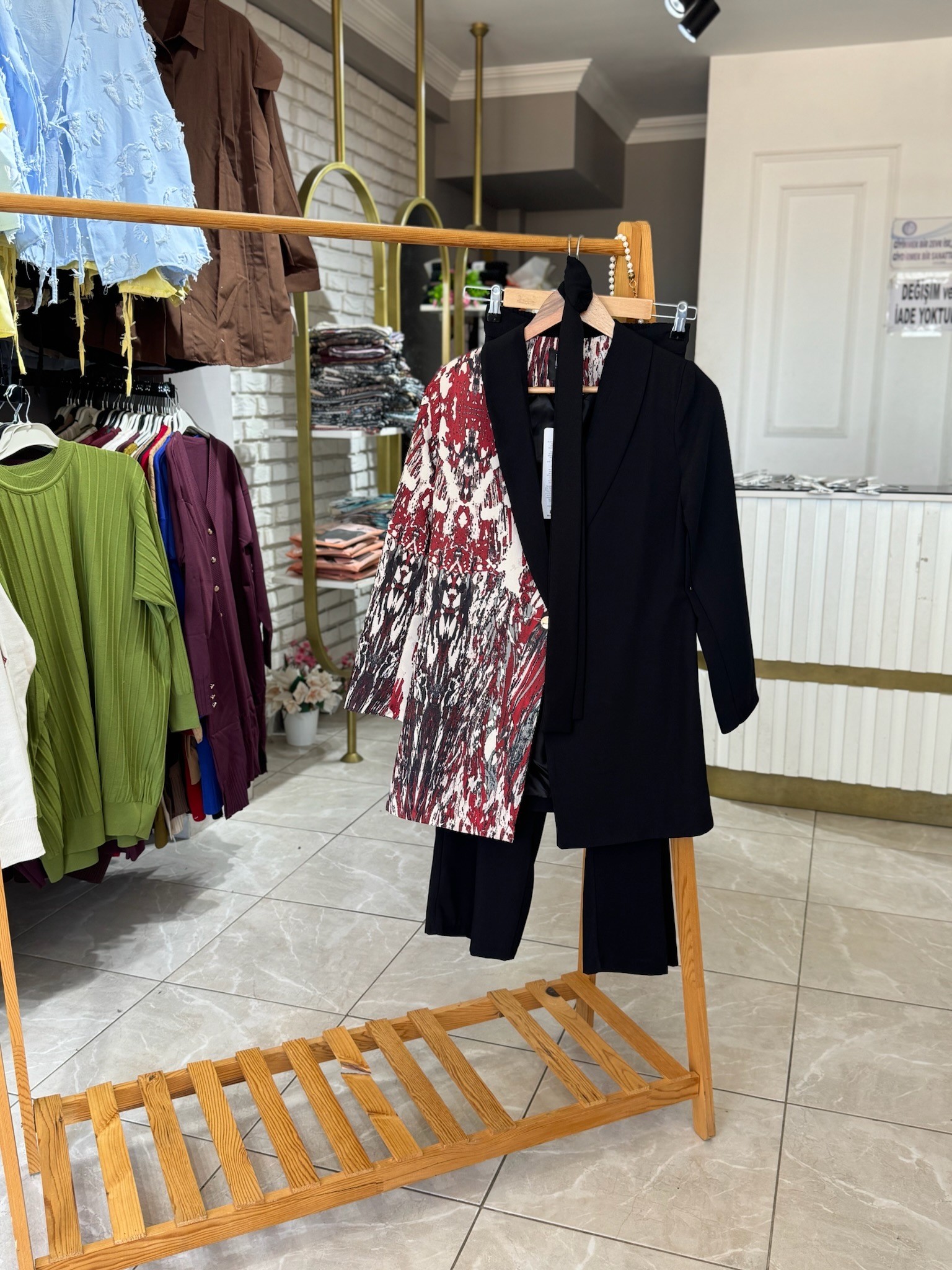 Desenli Blazer Takım Siyah