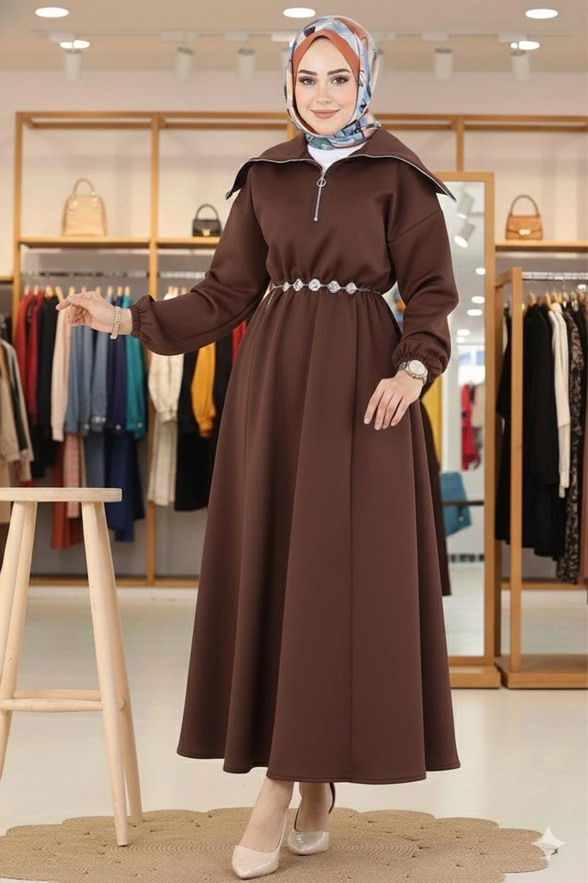 Fermuarlı Elbise Kahve 