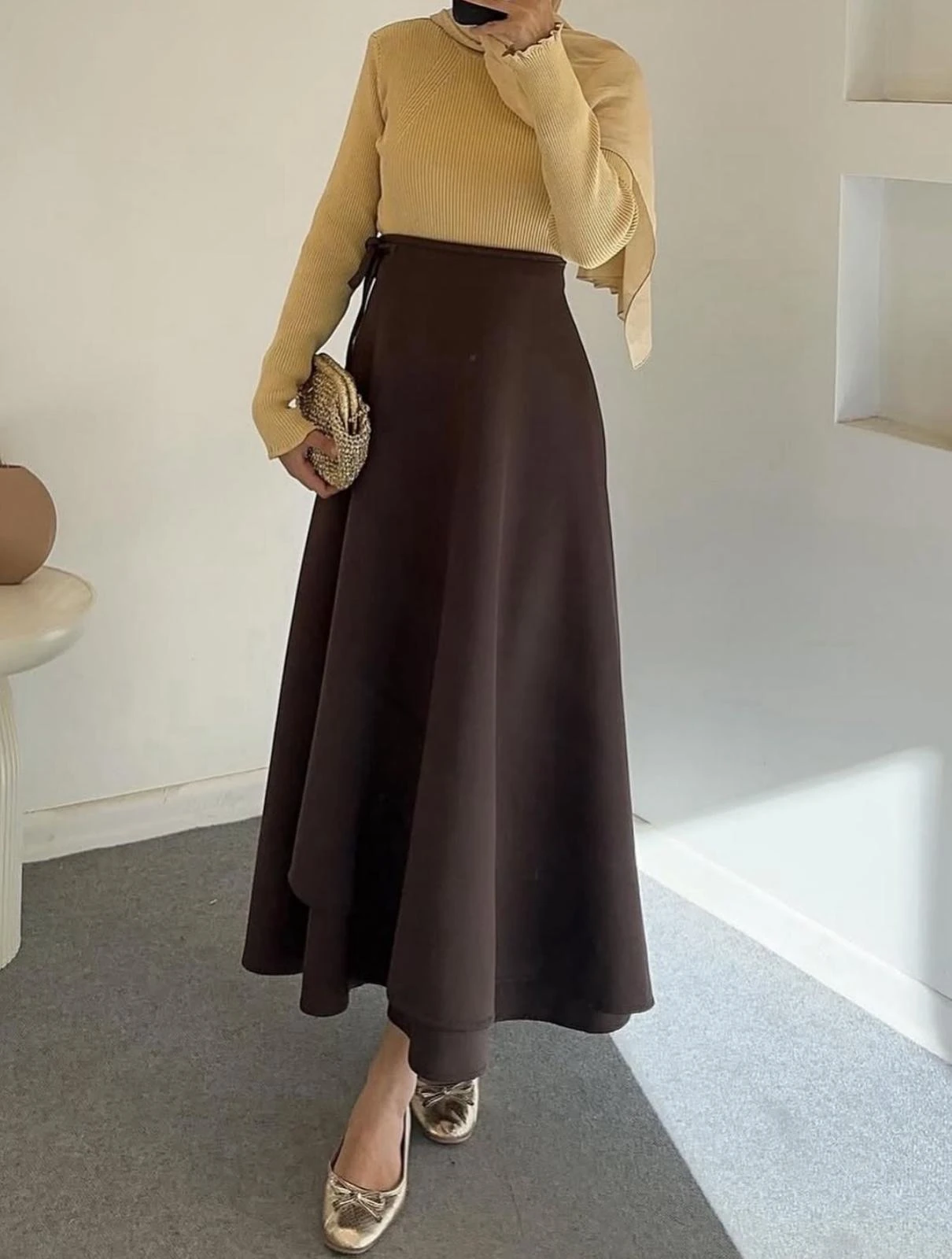 Bağlamalı Etek Kahve