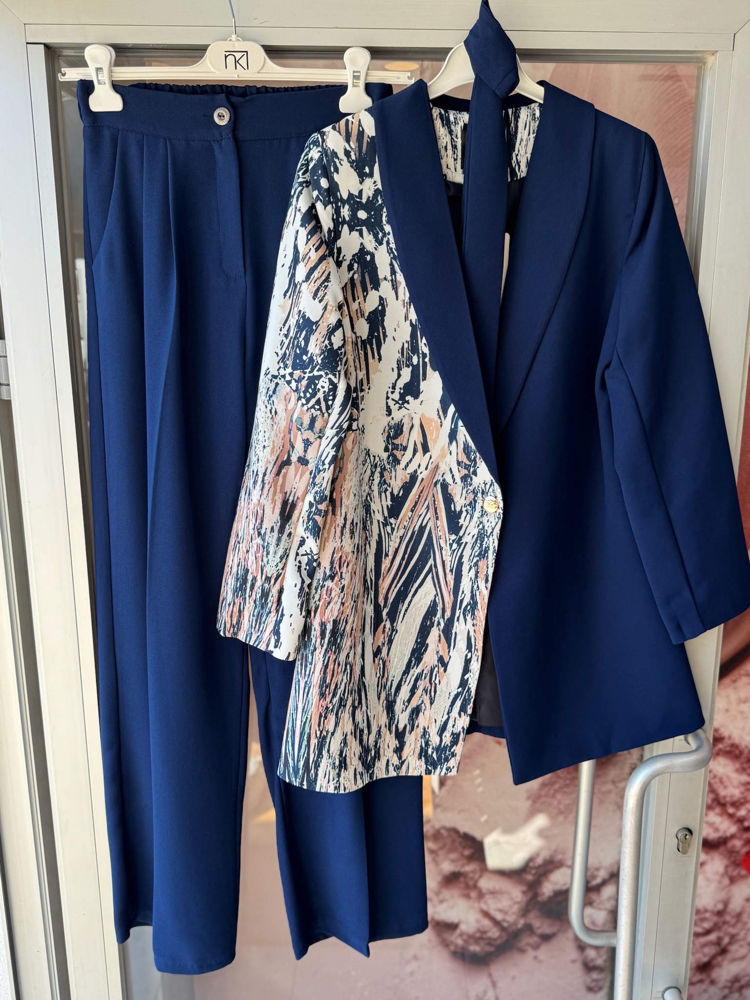 Desenli Blazer Takım Lacivert 