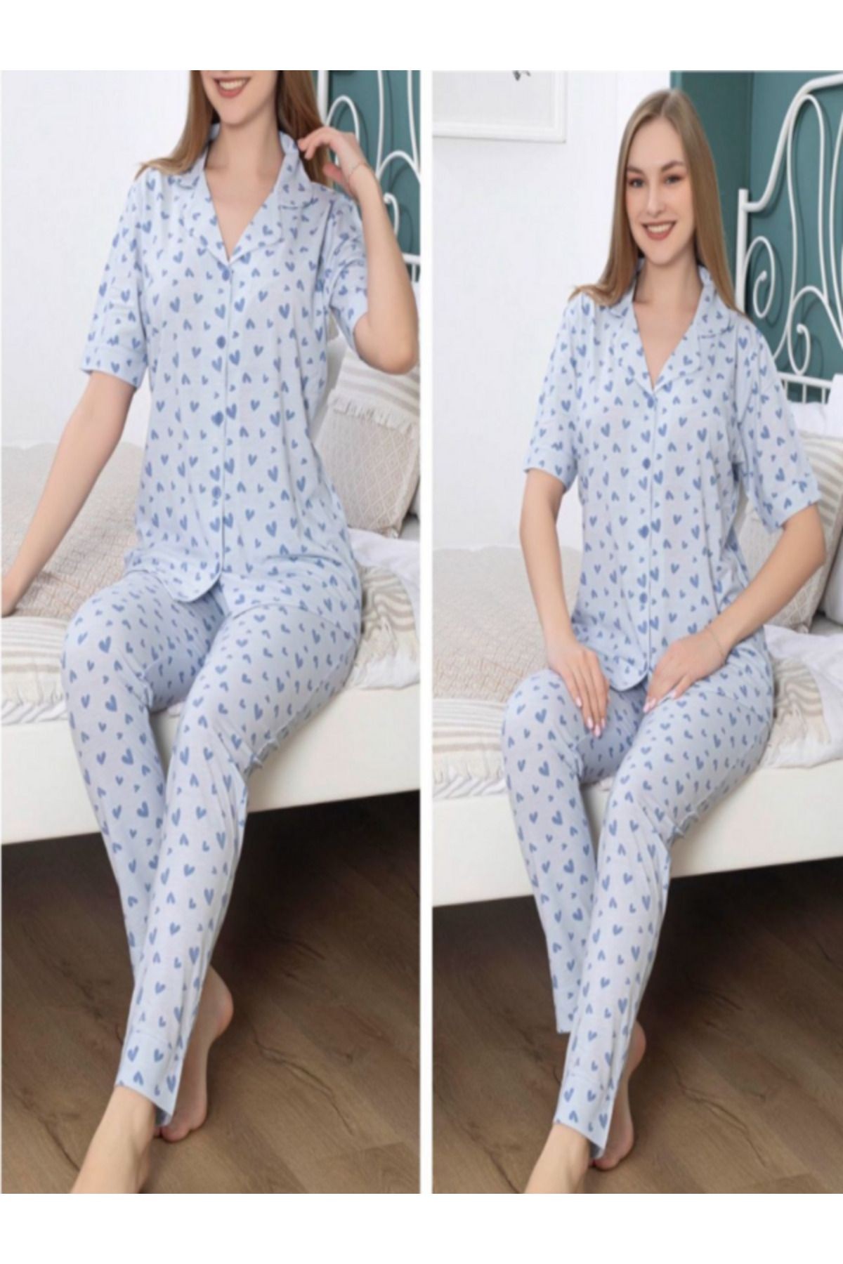 pijama takımı mavi renkli kalp detaylı pamuklu