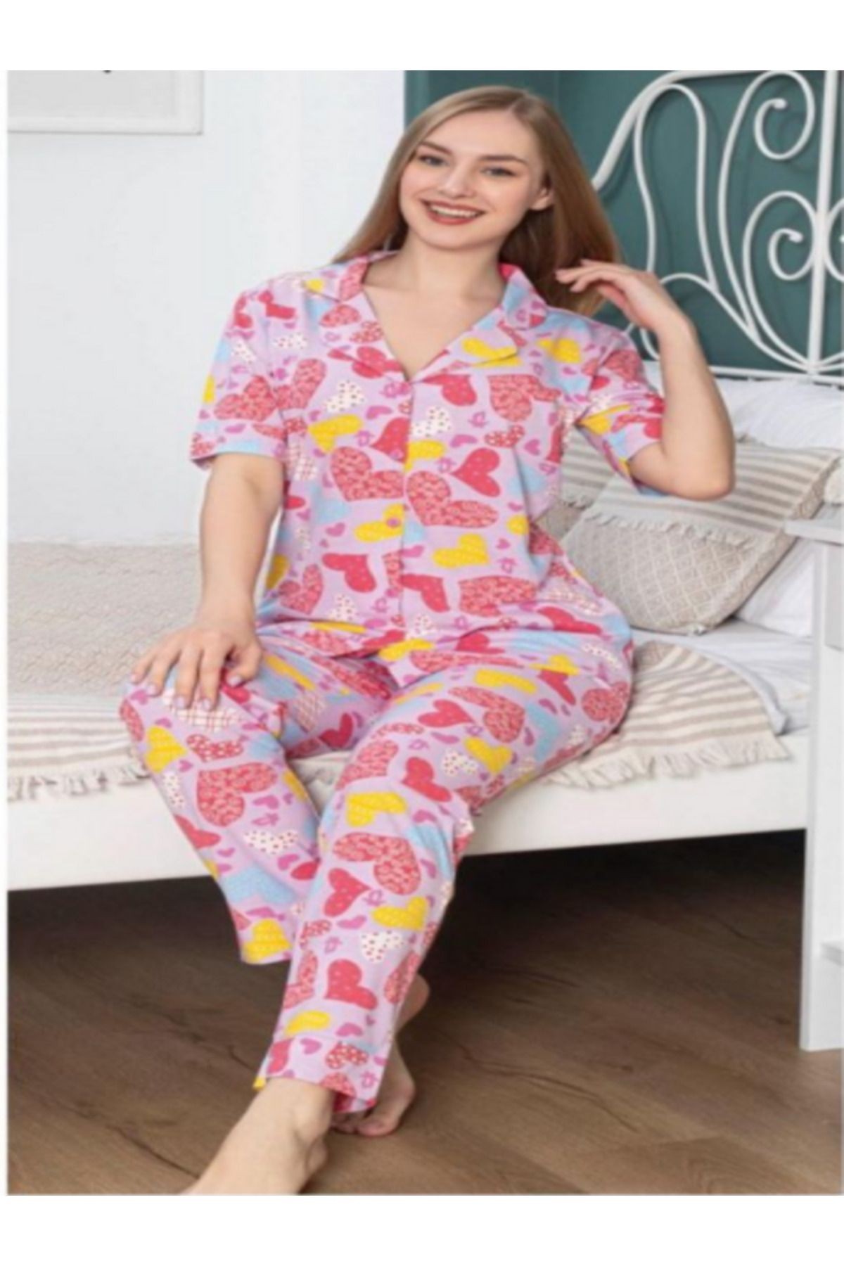 pijama takımı kalp desenli kısa kollu gömlek pijama takımı kadın giyim pamukludur