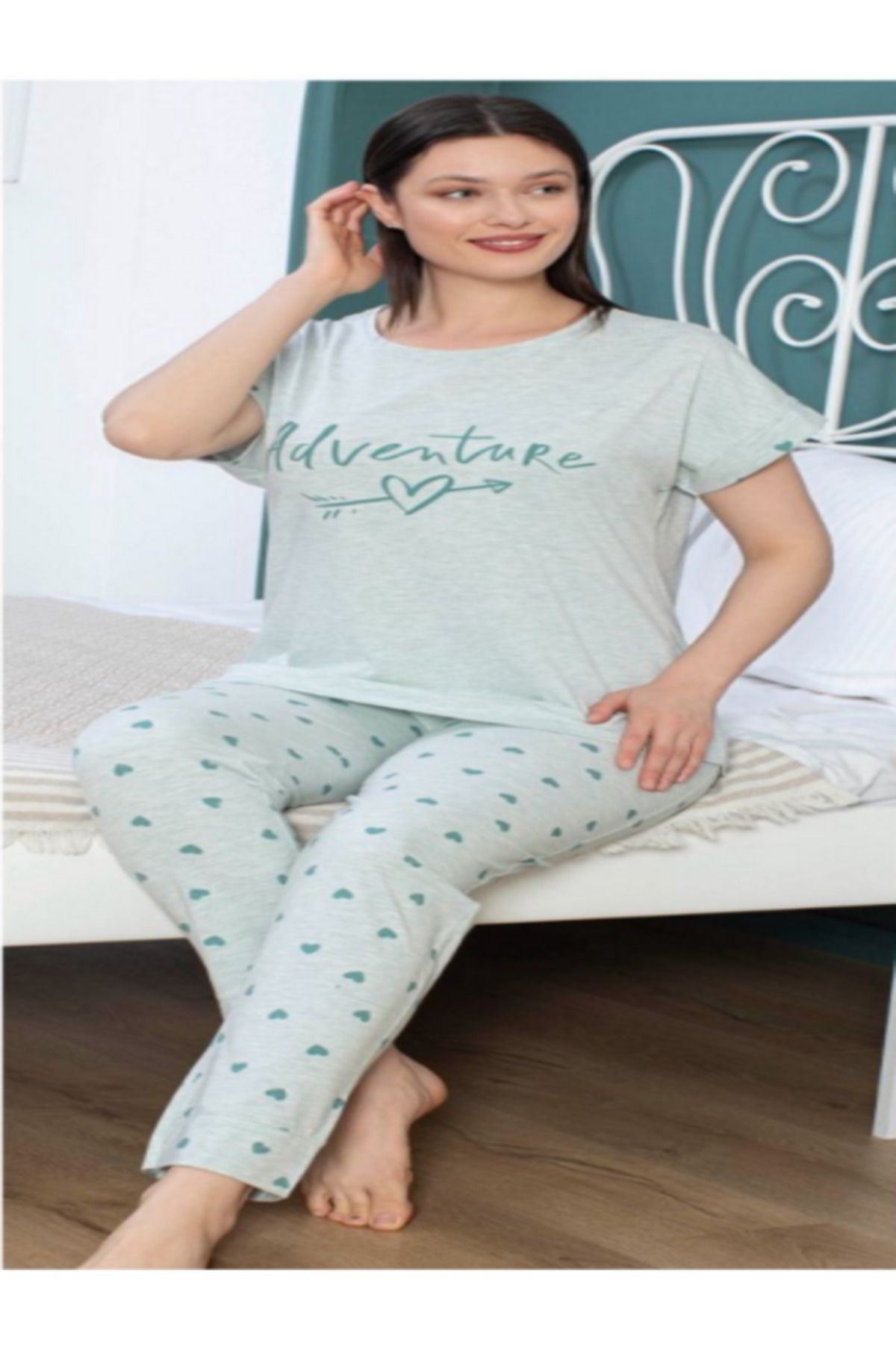 tişörtlü pijama takımı kalp desenli pamuklu pijama takım kadın giyim