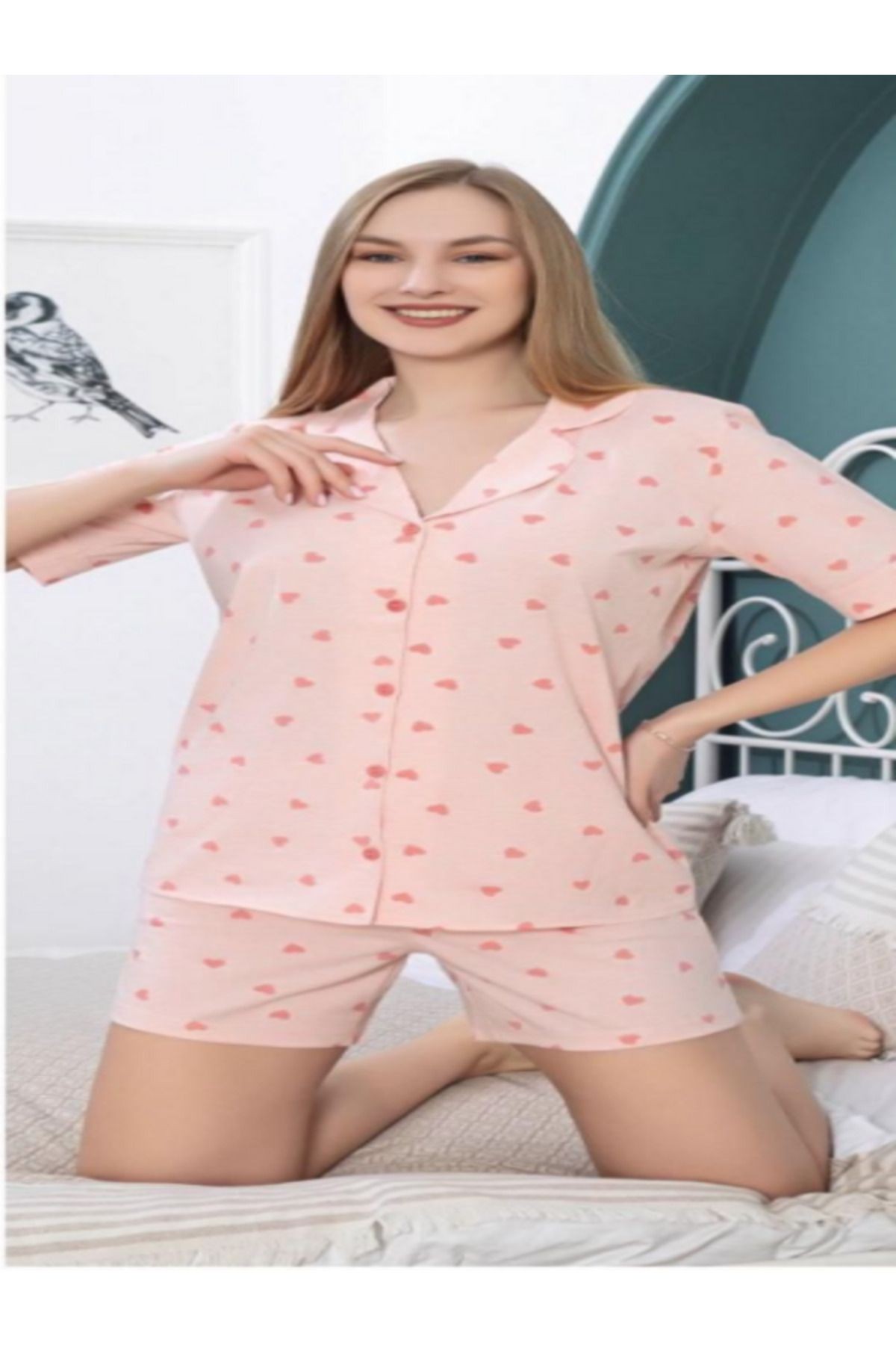 pijama takımı gömlek şort takımlı pamuklu desenli pijama