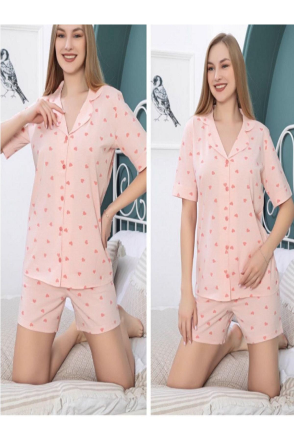 pijama takımı gömlek şort takımlı pamuklu desenli pijama