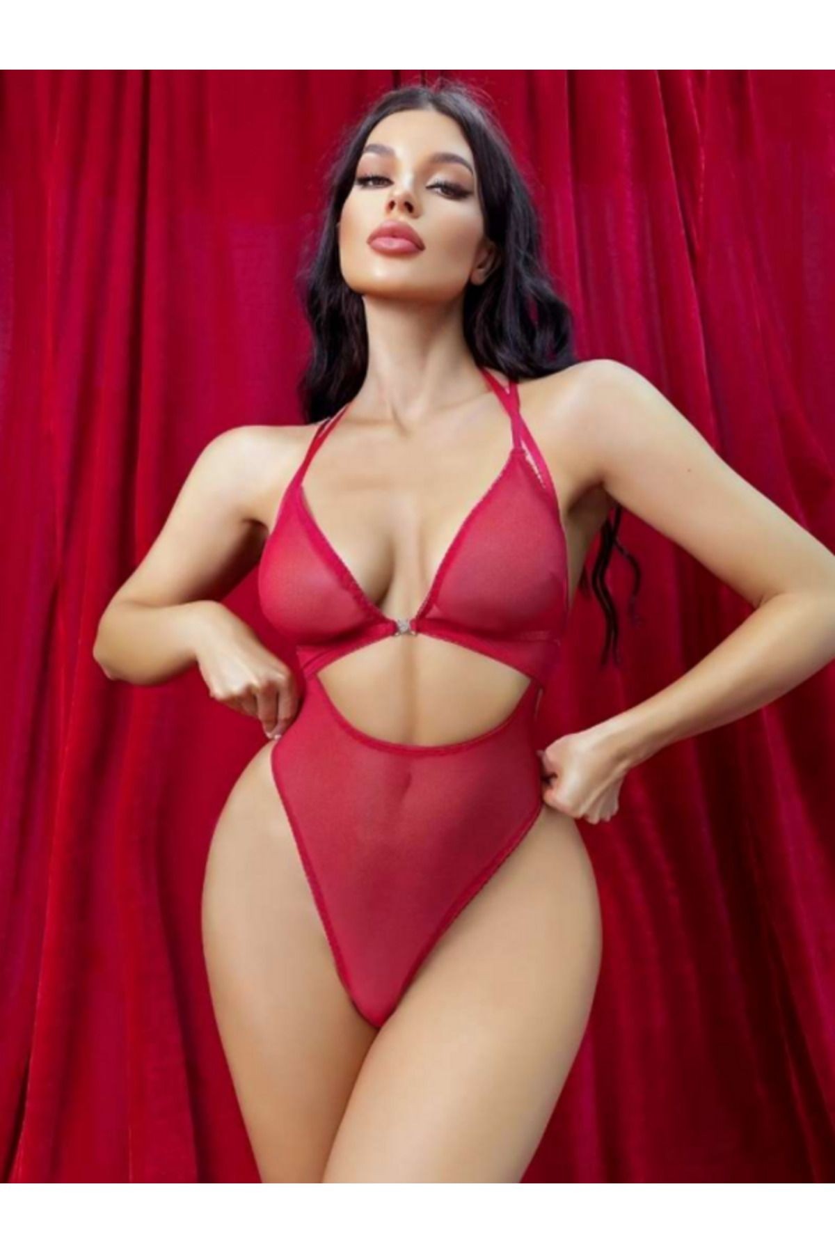 tüllü gögüs dekolteli kırmızı body gecelik babydoll jartiyer