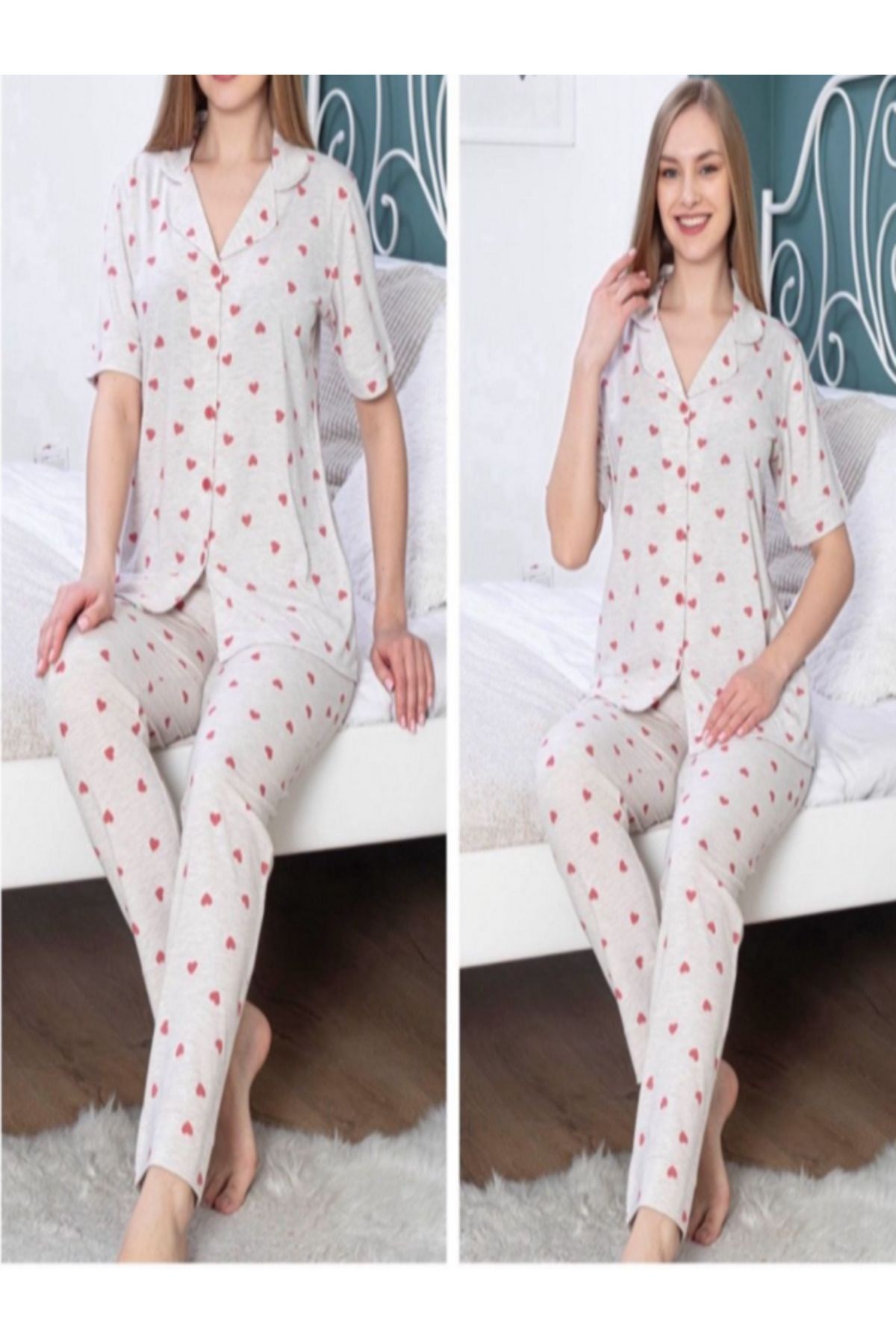 pamuklu pijama takımı  kısa kollu gömlek ve uzun pijama altı kalp desenli bej renkli