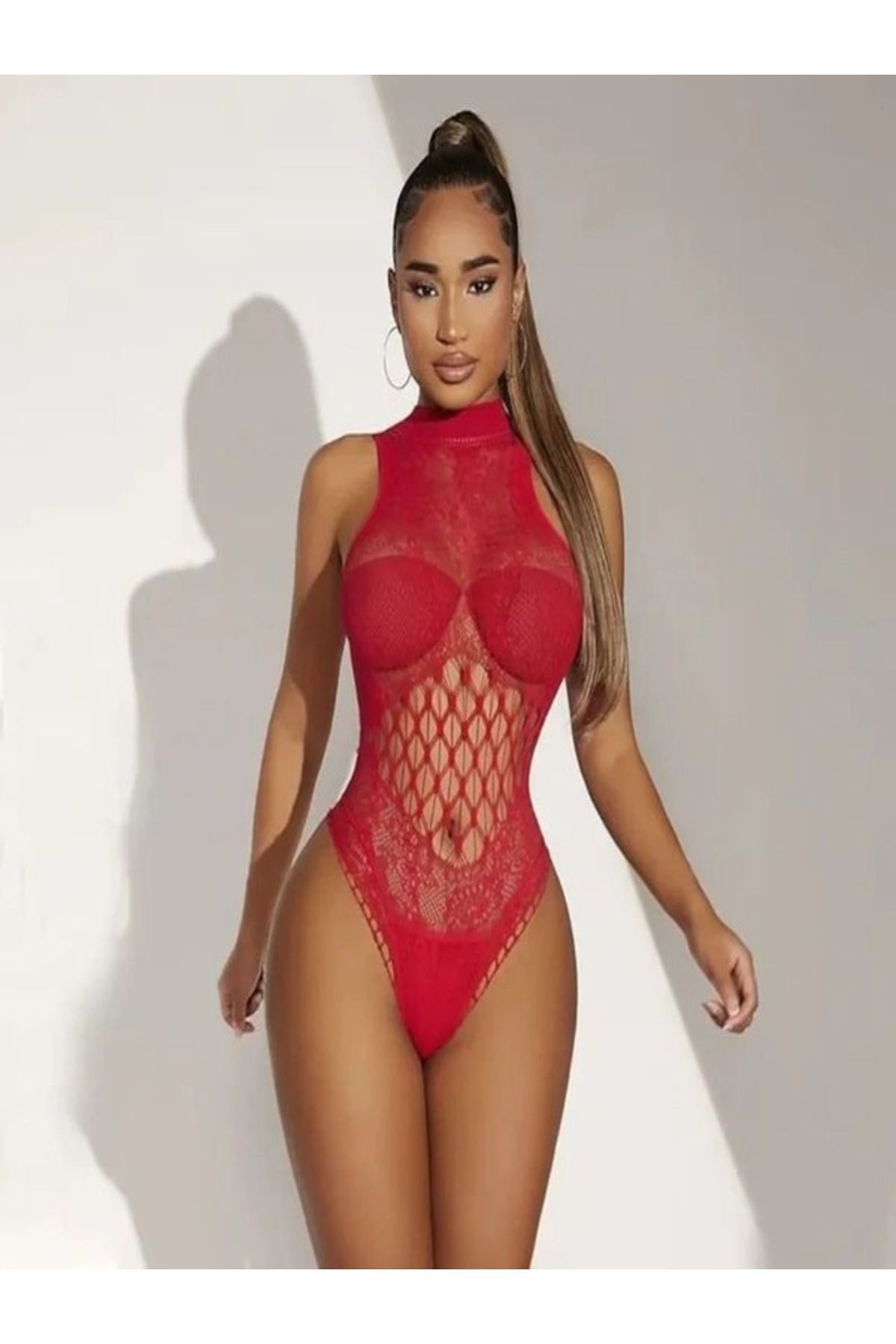 Halter yaka jartiyer vücut çorabı kırmızı body çorap geometrik iç giyim babydoll