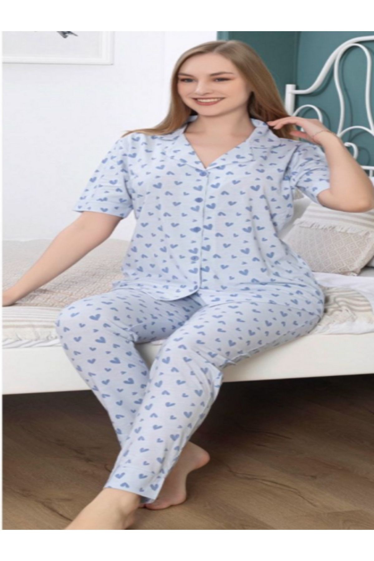 pijama takımı mavi renkli kalp detaylı pamuklu