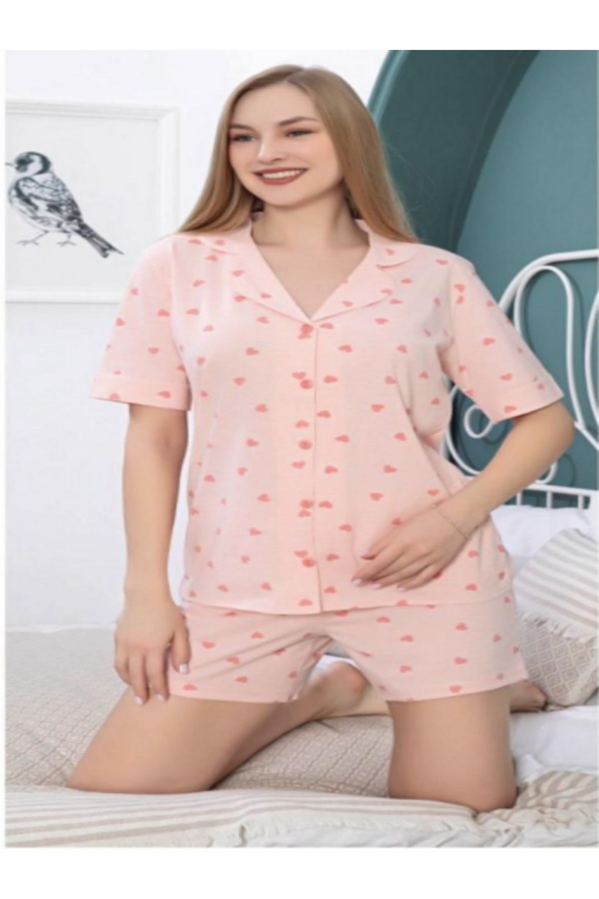 pijama takımı gömlek şort takımlı pamuklu desenli pijama