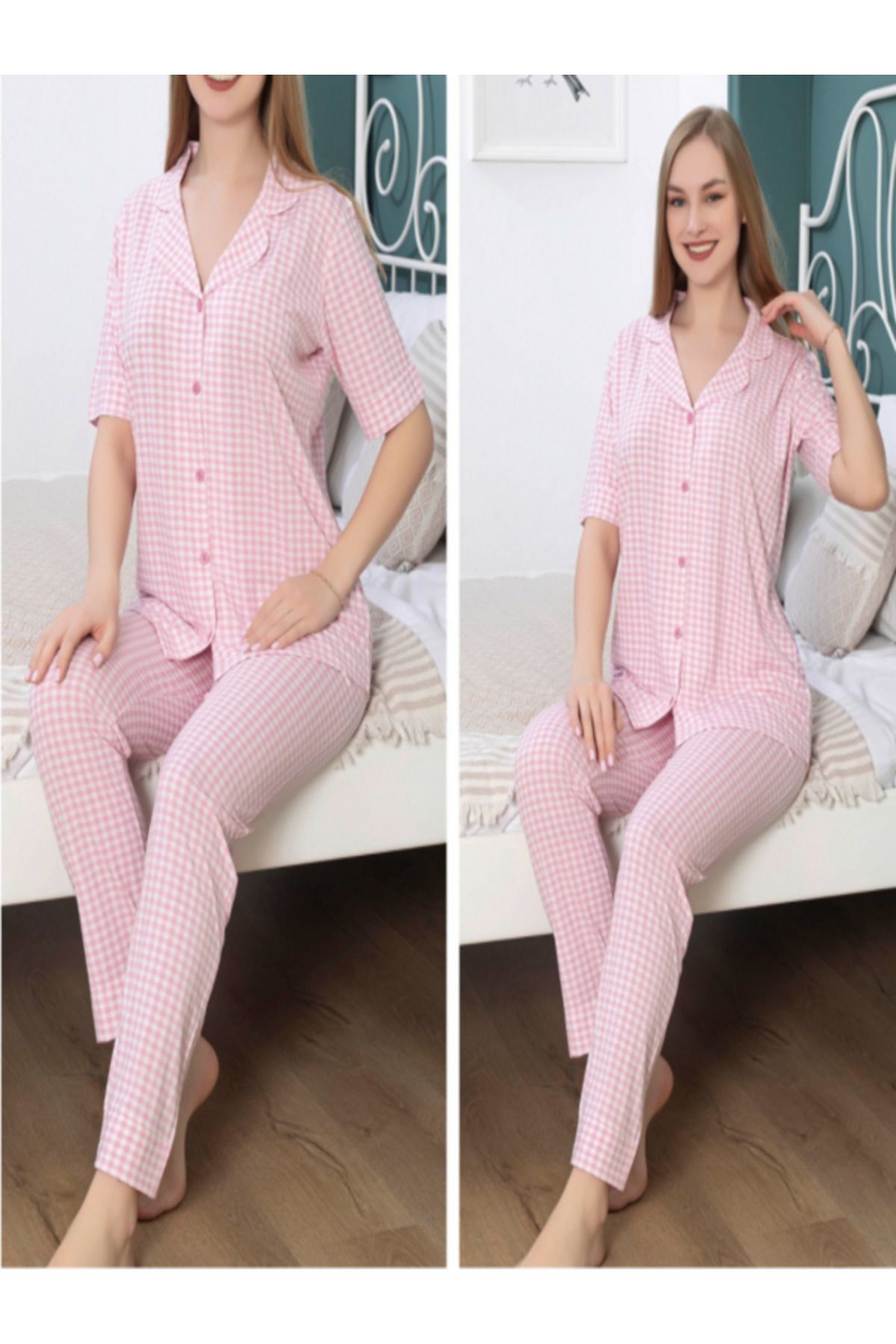 pijama takımı pötikare desenli pembe  renkli gömlek ve alt pijama takımı kadın giyim pamuklu