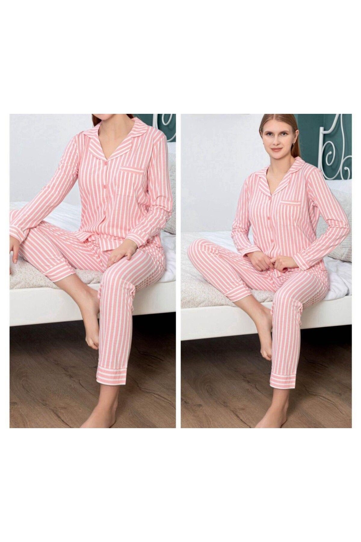 pembe çizgili pamuklu pijama takımı