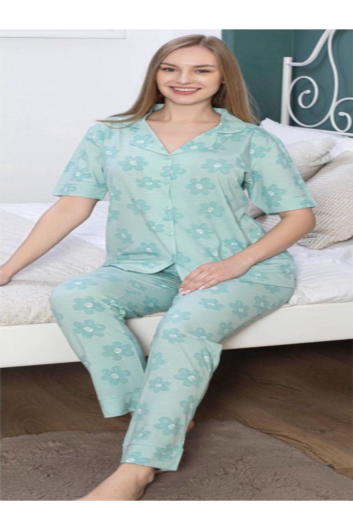 pijama takımı çiçek desenli gömlek ve uzun paçalı pijama takımı kadın giyim pamuklu